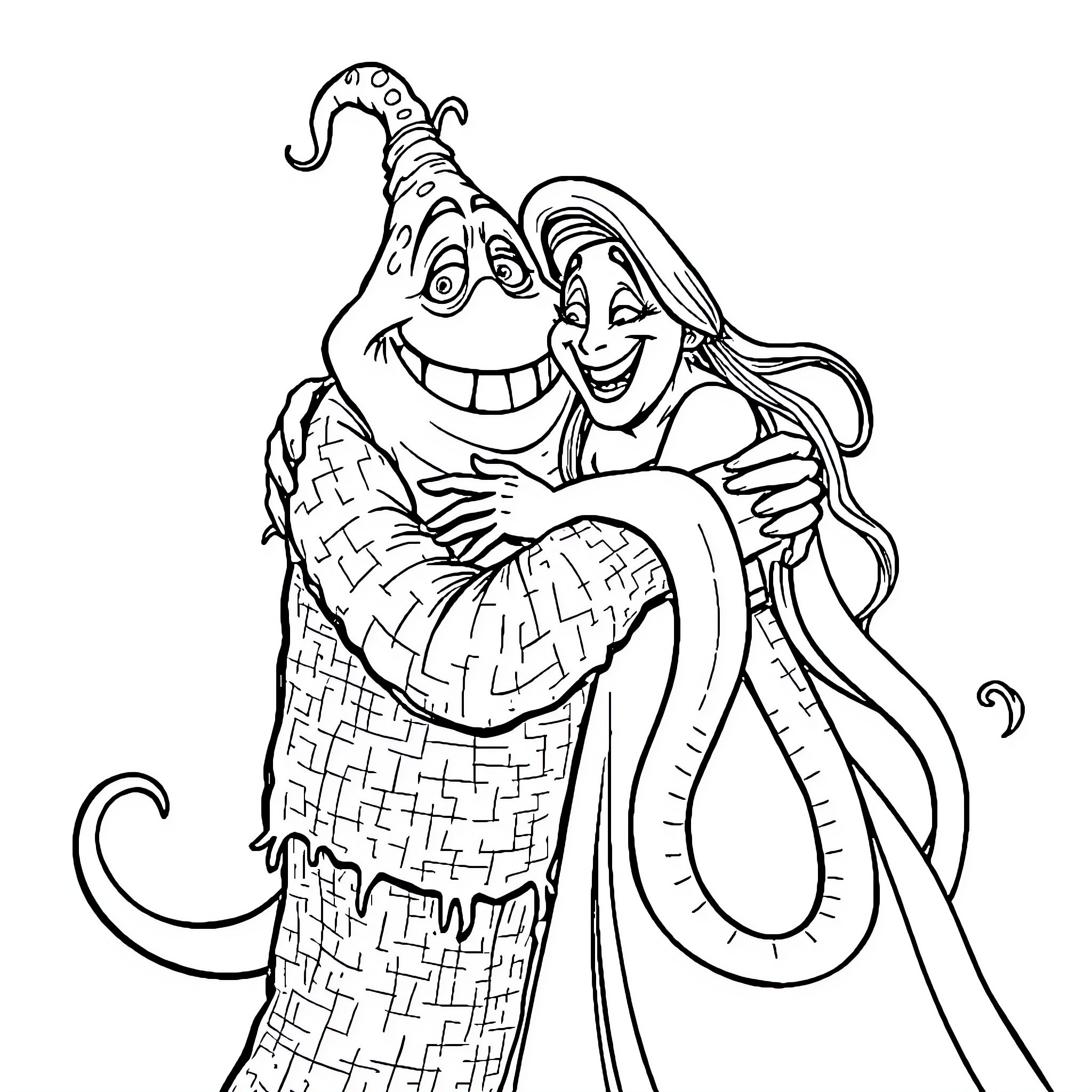 Oogie Boogie and his Sinister Companion Coloring Page (free black-and-white line drawing printable PDF for all, from beginners to advanced learners, including children, teens, adults, and seniors)