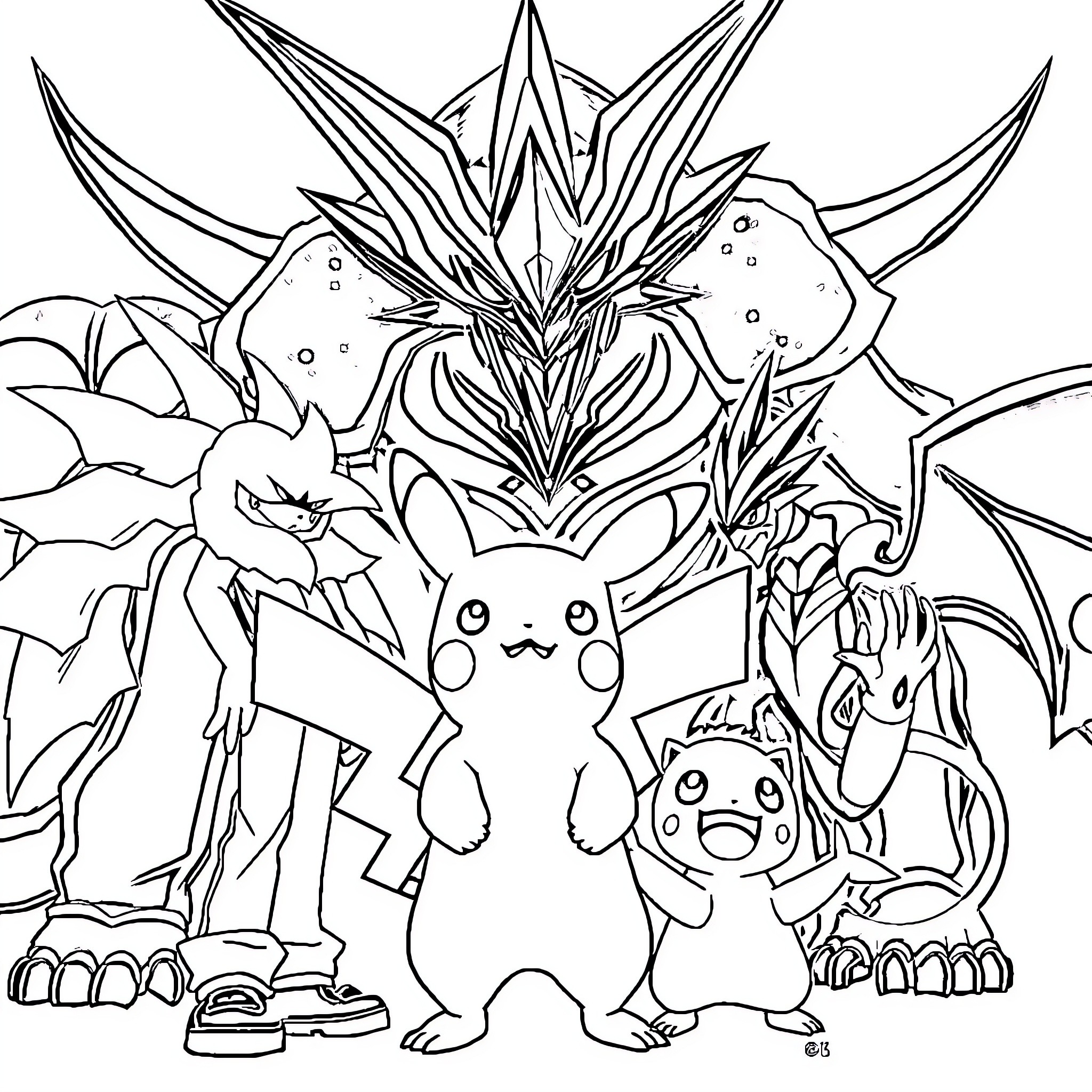 Ash's Pokémon Friends in a Fantastical Scene Coloring Page (free black-and-white line drawing printable PDF for all, from beginners to advanced learners, including children, teens, adults, and seniors)