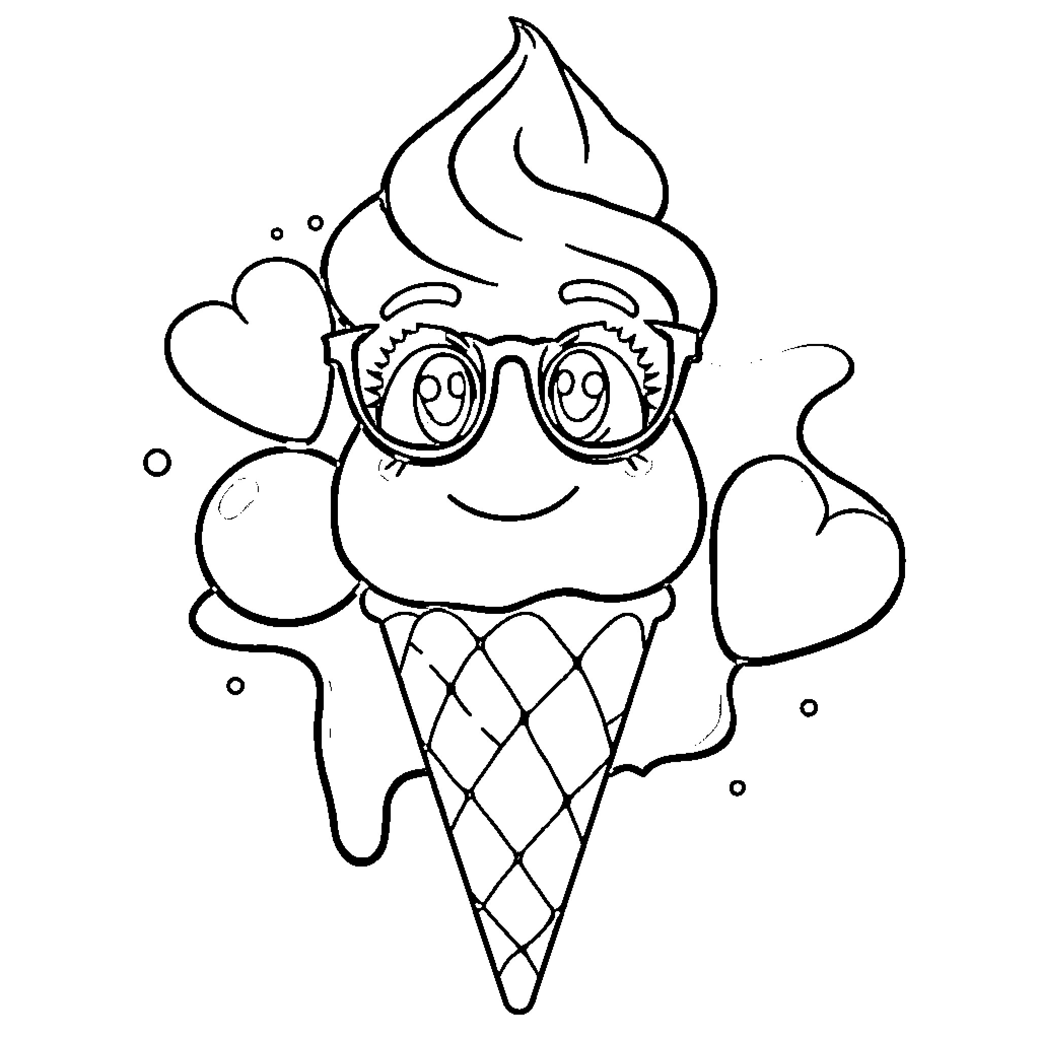Ice Cream Cone with Googly Eyes and Hearts Coloring Page (free black-and-white line drawing printable PDF for all, from beginners to advanced learners, including children, teens, adults, and seniors)