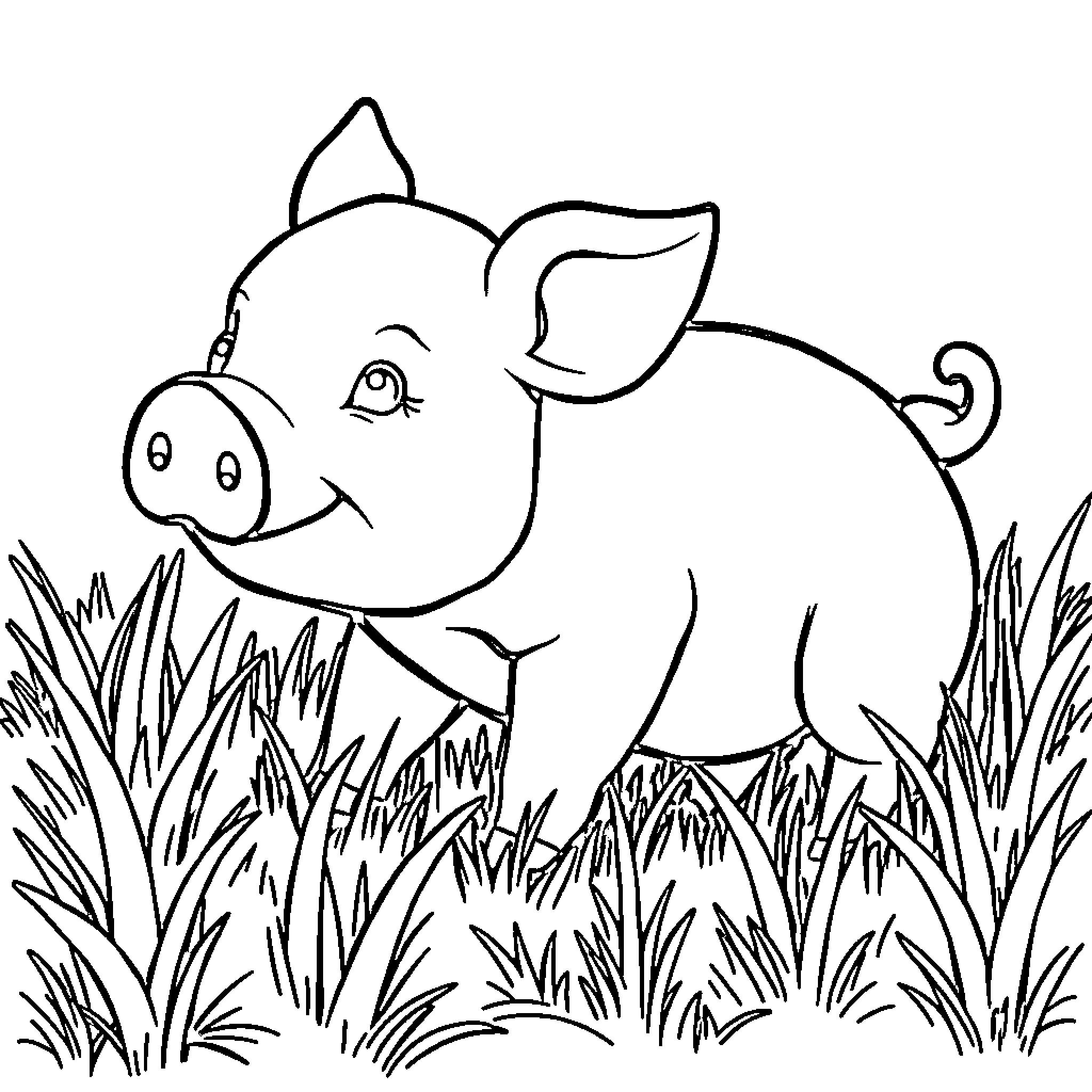 Pig playing happily in the grass Coloring Page (free black-and-white line drawing printable PDF for all, from beginners to advanced learners, including children, teens, adults, and seniors)