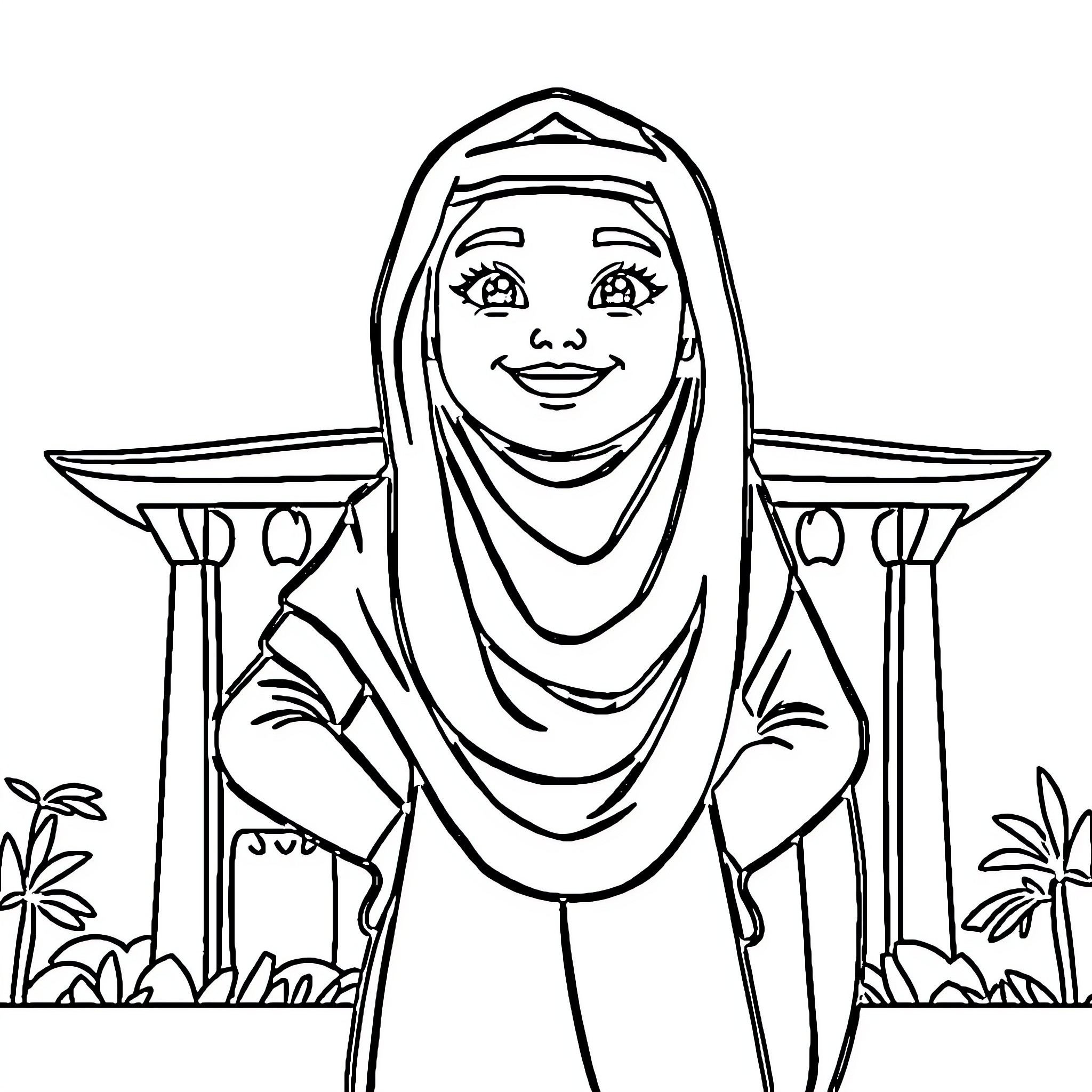 Azwa's Cheerful Expression in Traditional Attire Coloring Page (free black-and-white line drawing printable PDF for all, from beginners to advanced learners, including children, teens, adults, and seniors)