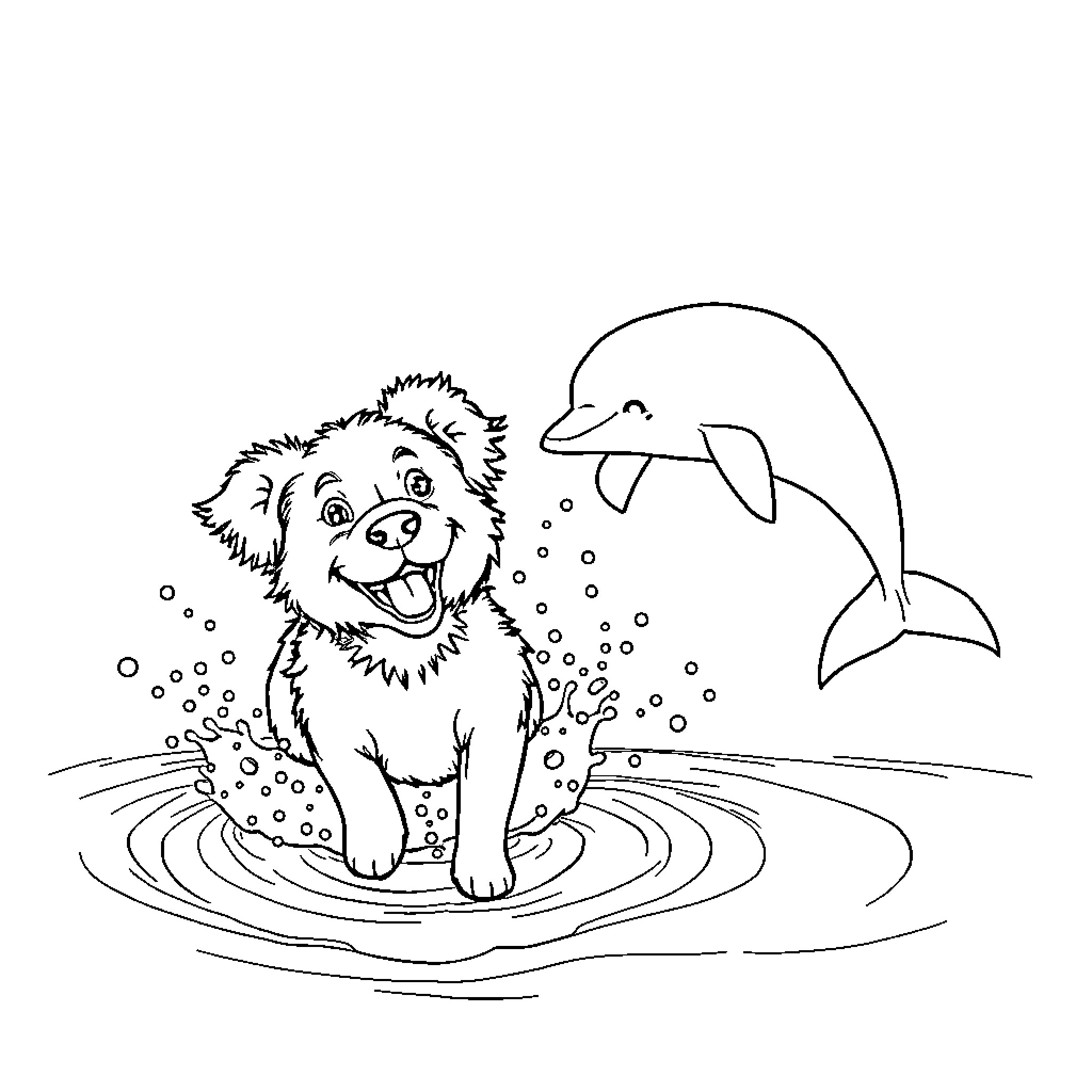 Dog playing in the water with dolphin Coloring Page (free black-and-white line drawing printable PDF for all, from beginners to advanced learners, including children, teens, adults, and seniors)