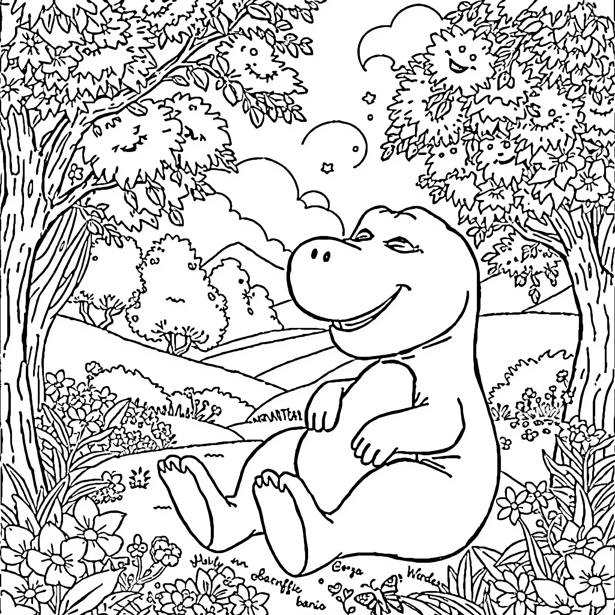 Barney exploring the enchanting woodland Coloring Page (free black-and-white line drawing printable PDF for all, from beginners to advanced learners, including children, teens, adults, and seniors)