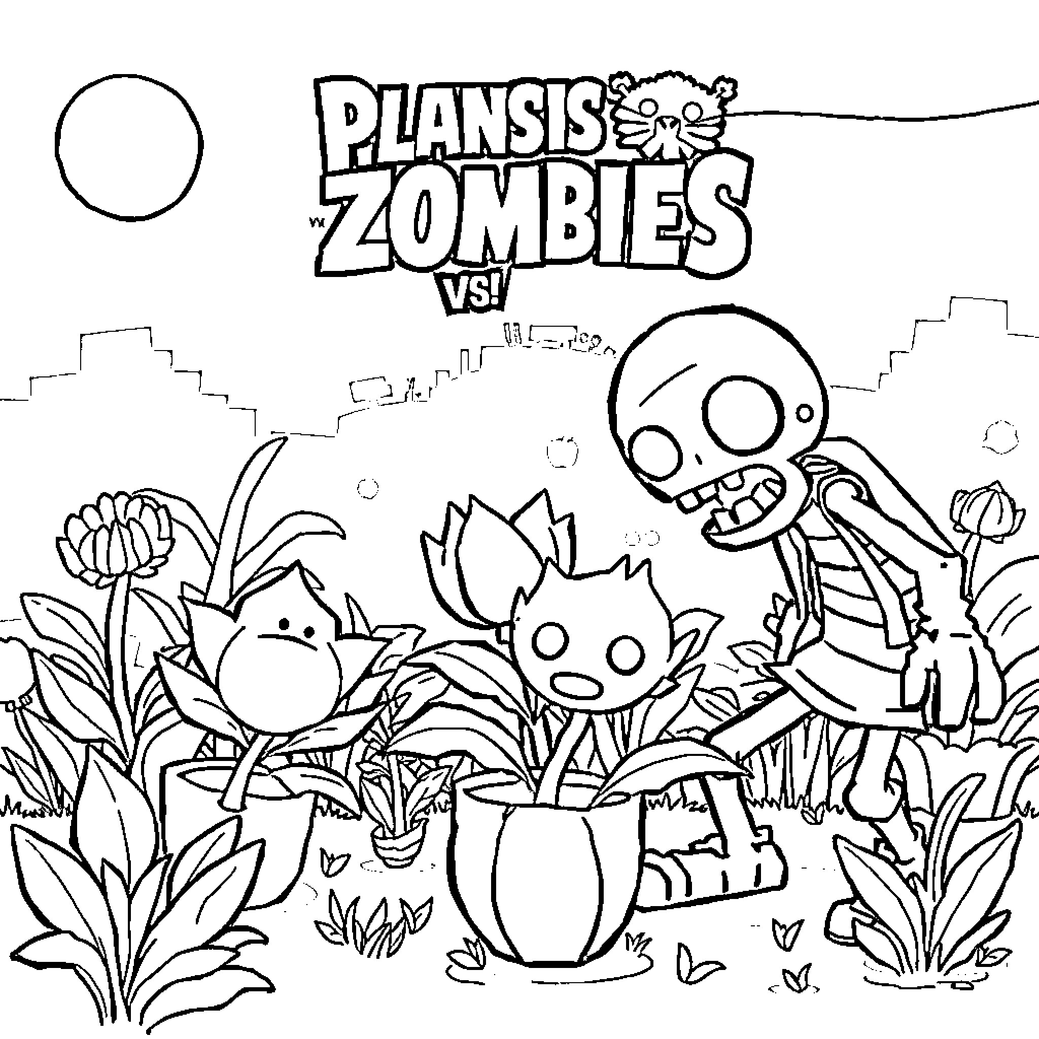 Planta Zombies Vs. Playful Plants Coloring Page (free black-and-white line drawing printable PDF for all, from beginners to advanced learners, including children, teens, adults, and seniors)