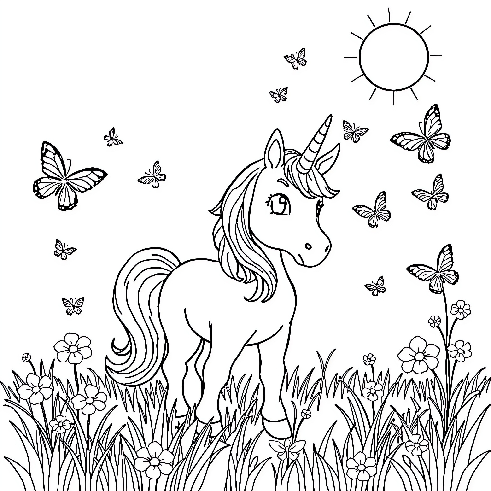 Unicorn frolicking in a meadow with butterflies Coloring Page (free black-and-white line drawing printable PDF for all, from beginners to advanced learners, including children, teens, adults, and seniors)