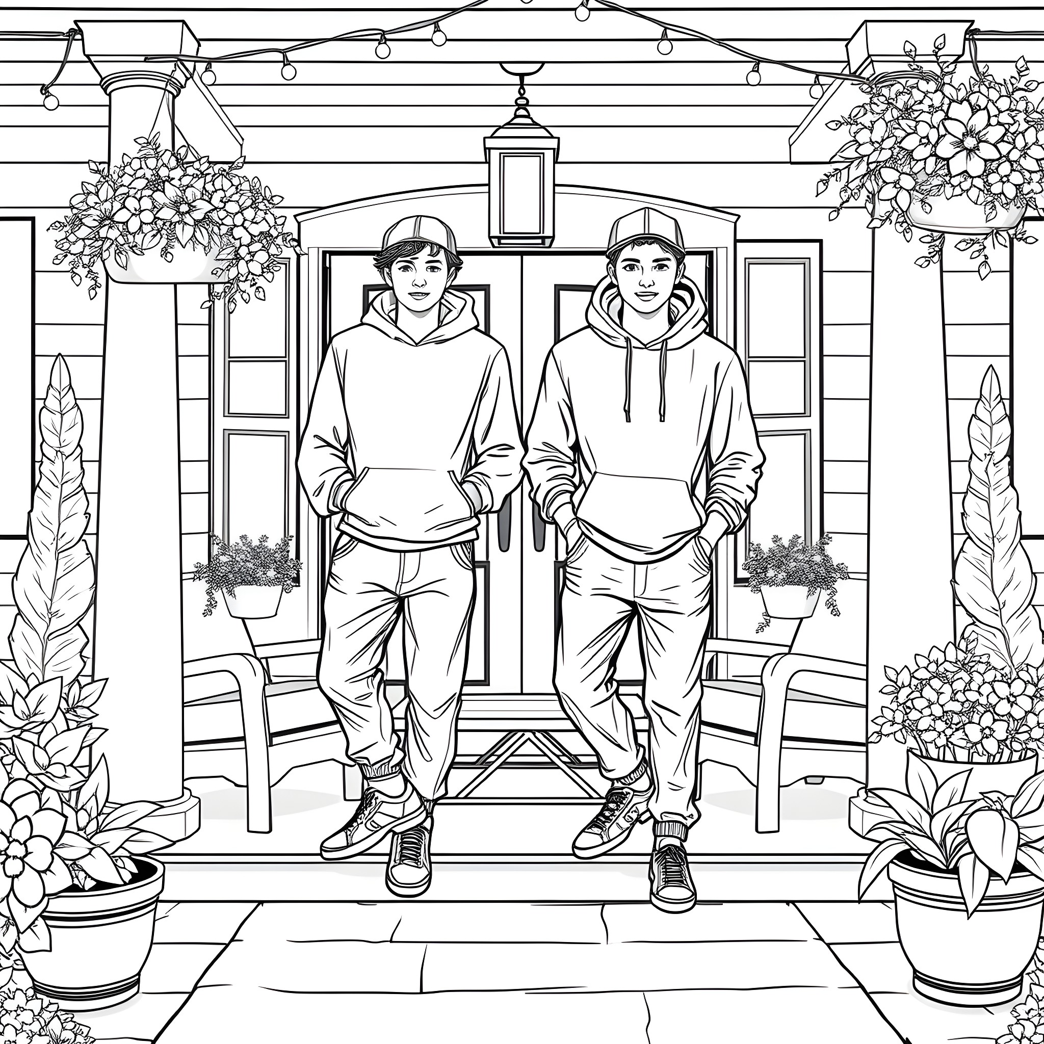 Teen Guy Posing Casually at Home Entrance Coloring Page (free black-and-white line drawing printable PDF for all, from beginners to advanced learners, including children, teens, adults, and seniors)