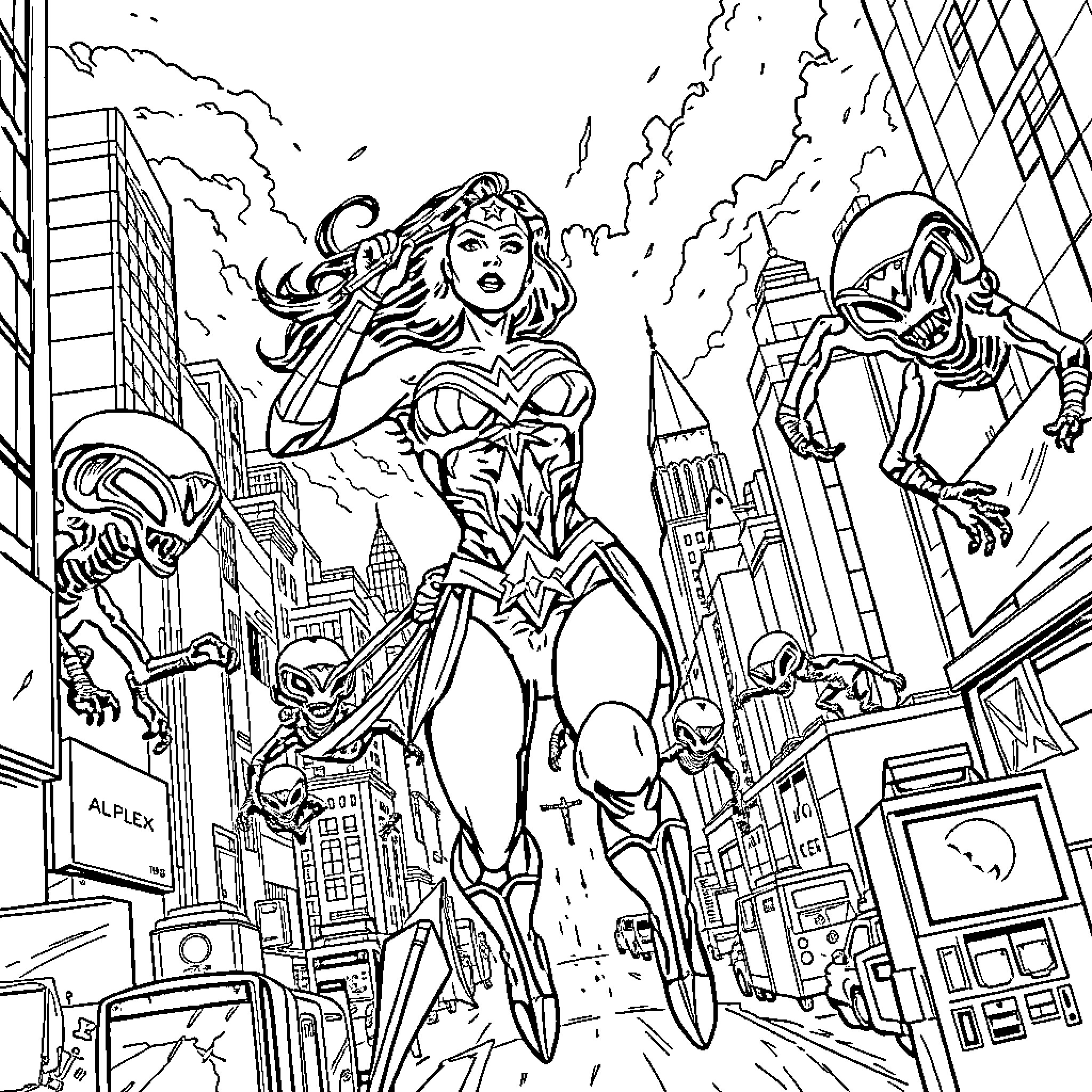 Wonder Woman saving the city from villains Coloring Page (free black-and-white line drawing printable PDF for all, from beginners to advanced learners, including children, teens, adults, and seniors)