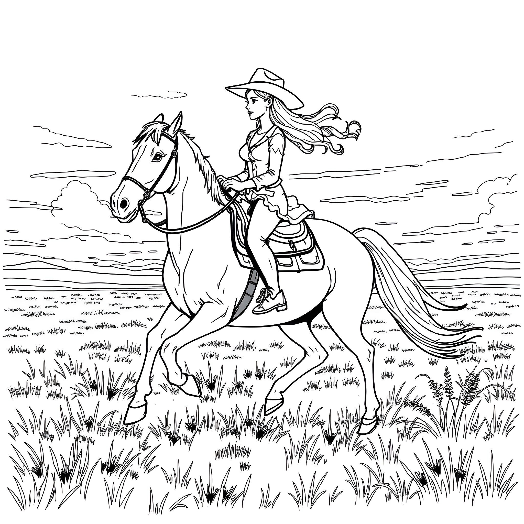 Cowgirl riding a horse through the countryside Coloring Page (free black-and-white line drawing printable PDF for all, from beginners to advanced learners, including children, teens, adults, and seniors)