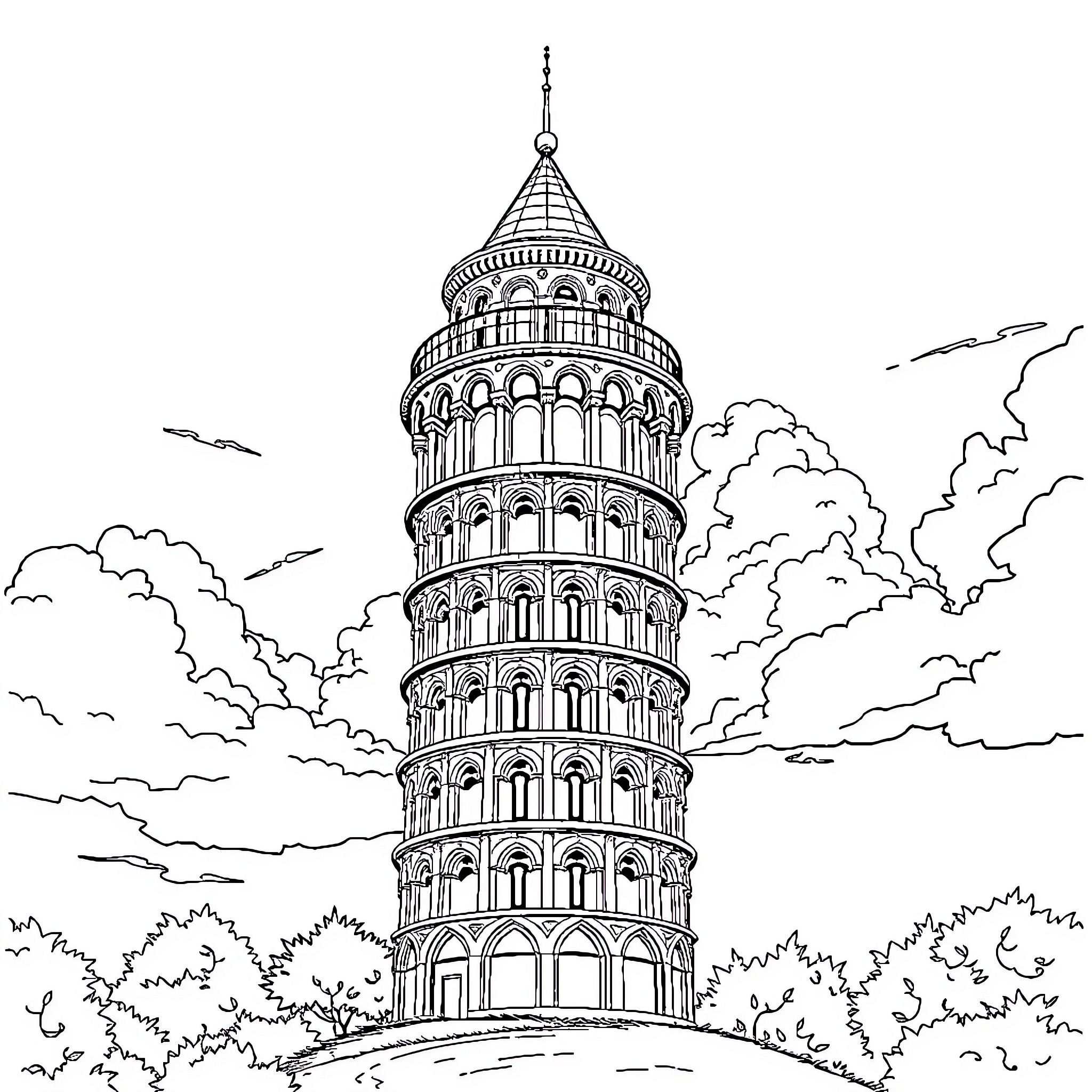 Tower of ornate architectural wonder Coloring Page (free black-and-white line drawing printable PDF for all, from beginners to advanced learners, including children, teens, adults, and seniors)