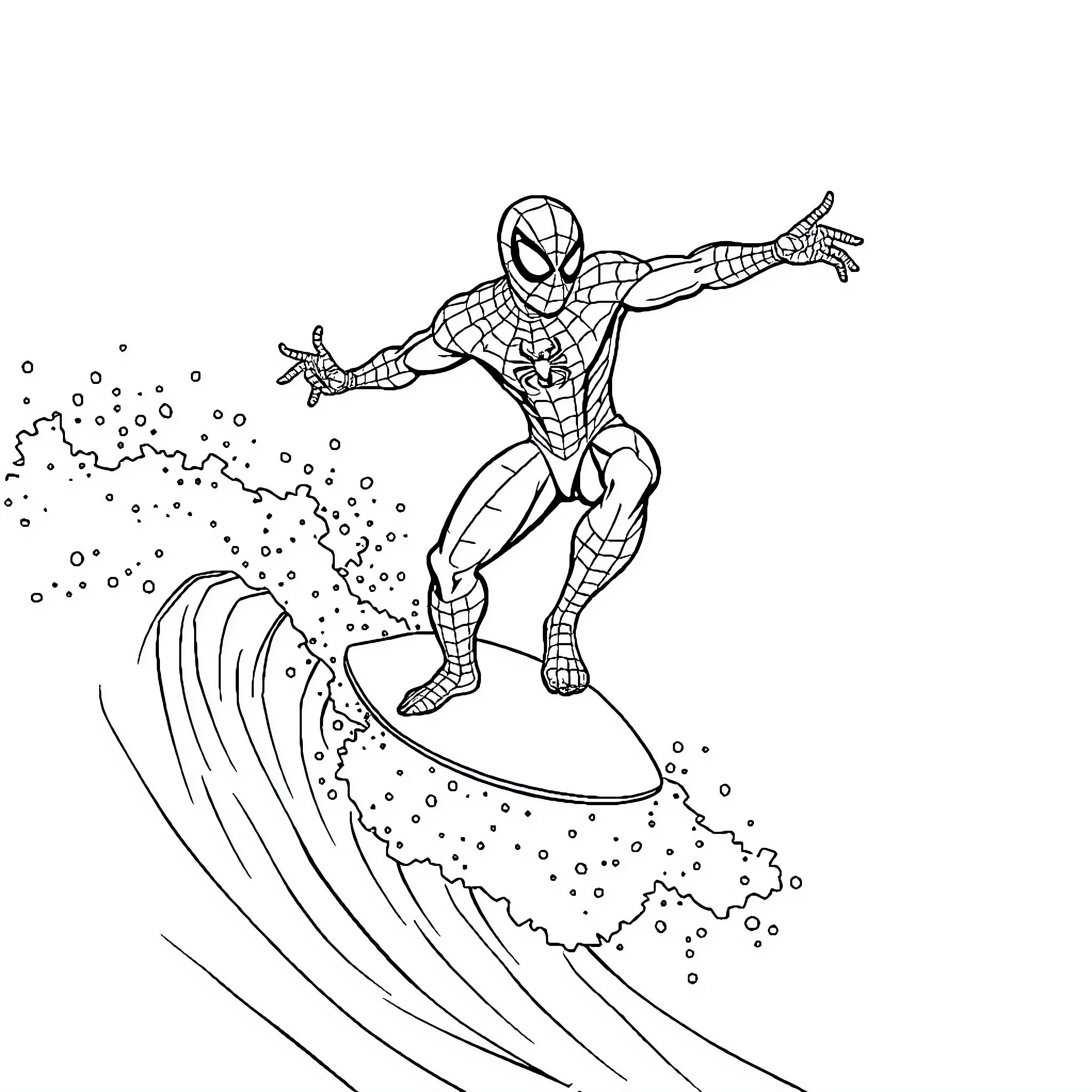Spiderman surfing through the waves Coloring Page (free black-and-white line drawing printable PDF for all, from beginners to advanced learners, including children, teens, adults, and seniors)