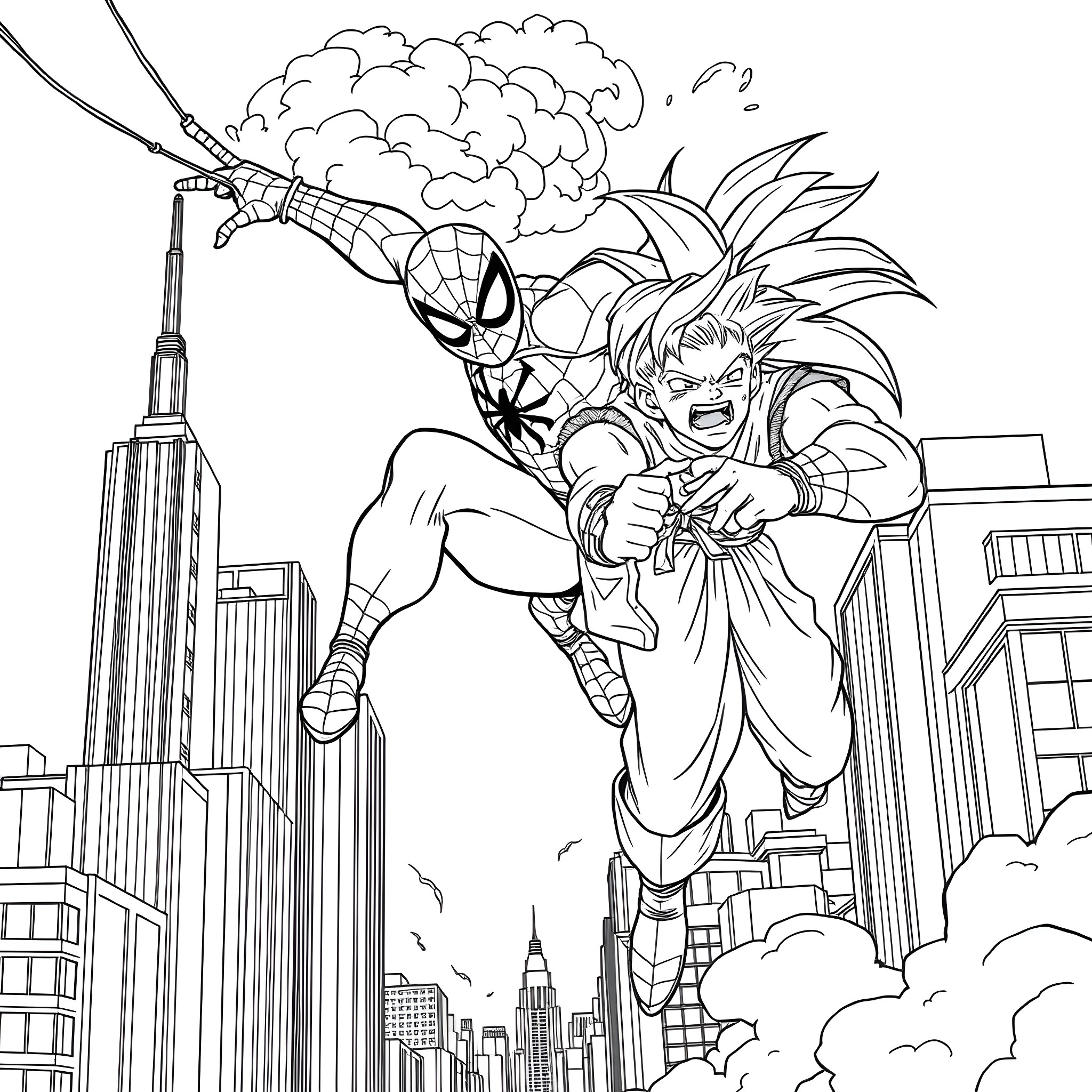 Spider-Man Swinging Through City With a Villain Coloring Page (free black-and-white line drawing printable PDF for all, from beginners to advanced learners, including children, teens, adults, and seniors)