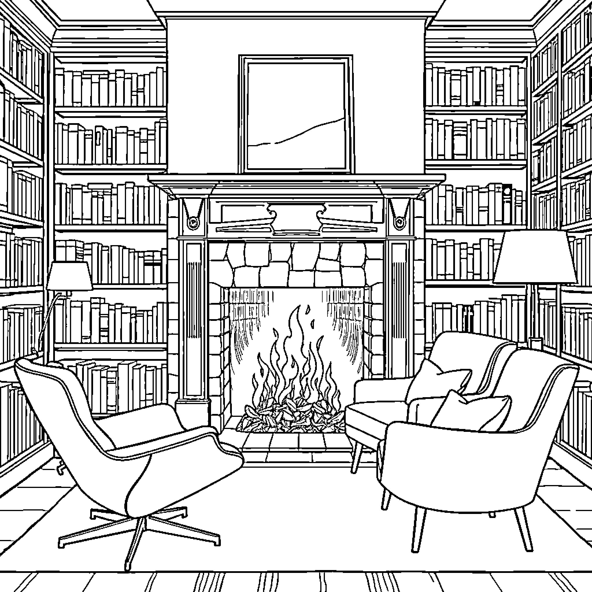 Library of Cozy Reading Nook with Fireplace Coloring Page (free black-and-white line drawing printable PDF for all, from beginners to advanced learners, including children, teens, adults, and seniors)