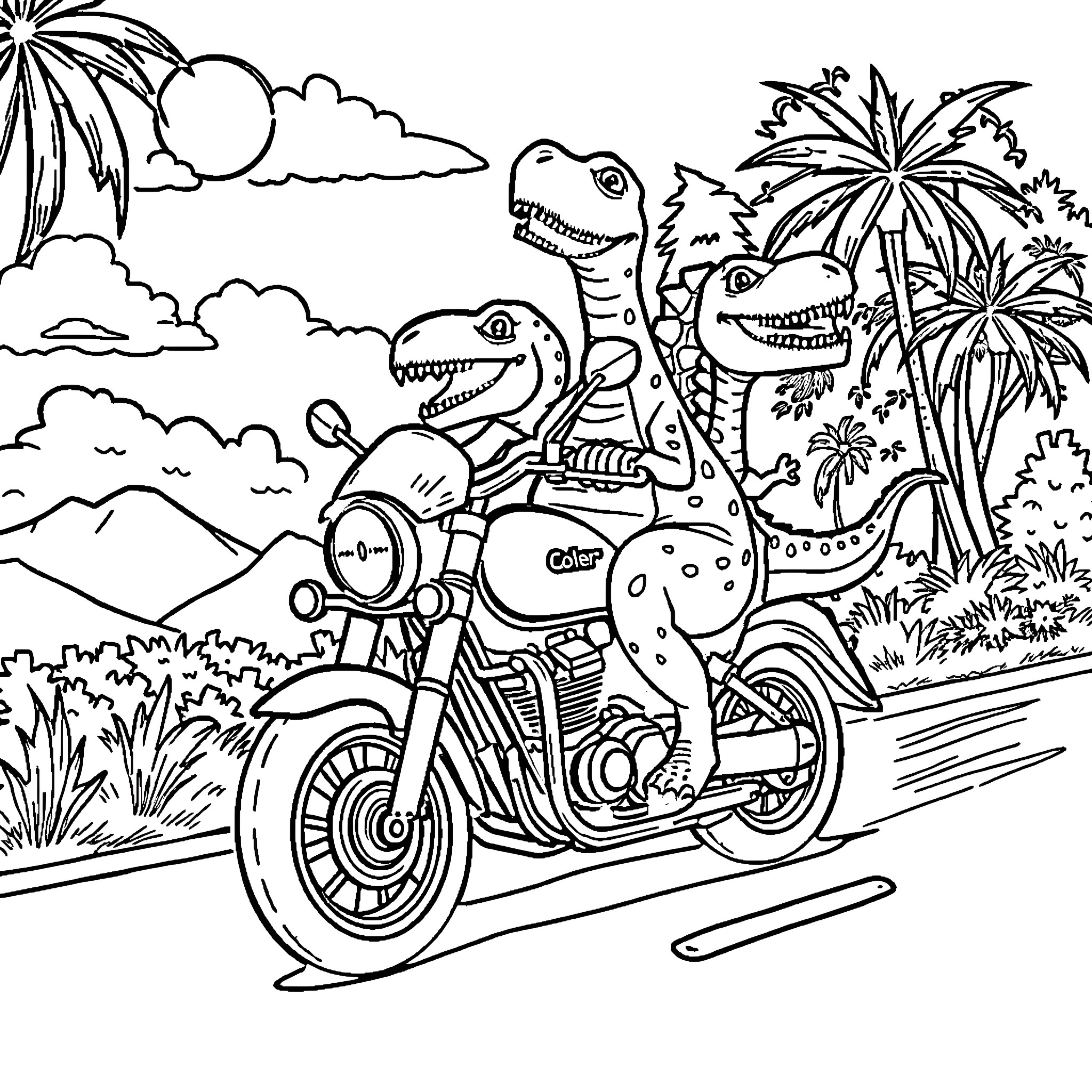 Dinosaur Riding Motorcycle in Tropical Landscape Coloring Page (free black-and-white line drawing printable PDF for all, from beginners to advanced learners, including children, teens, adults, and seniors)