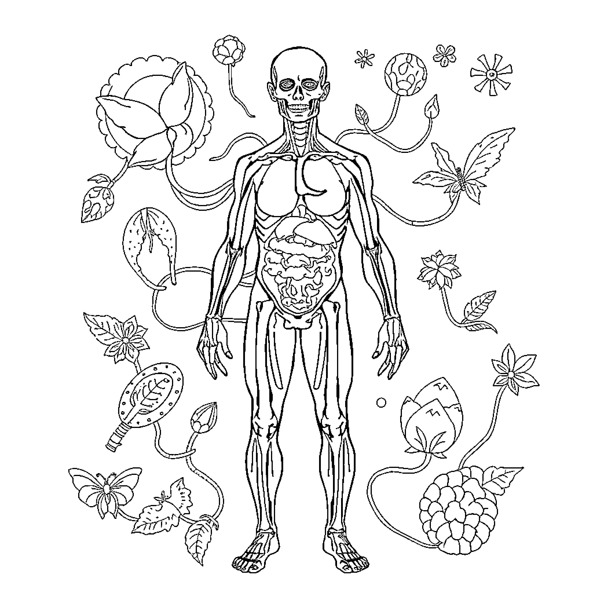 Human Body in Natural Surroundings Coloring Page (free black-and-white line drawing printable PDF for all, from beginners to advanced learners, including children, teens, adults, and seniors)