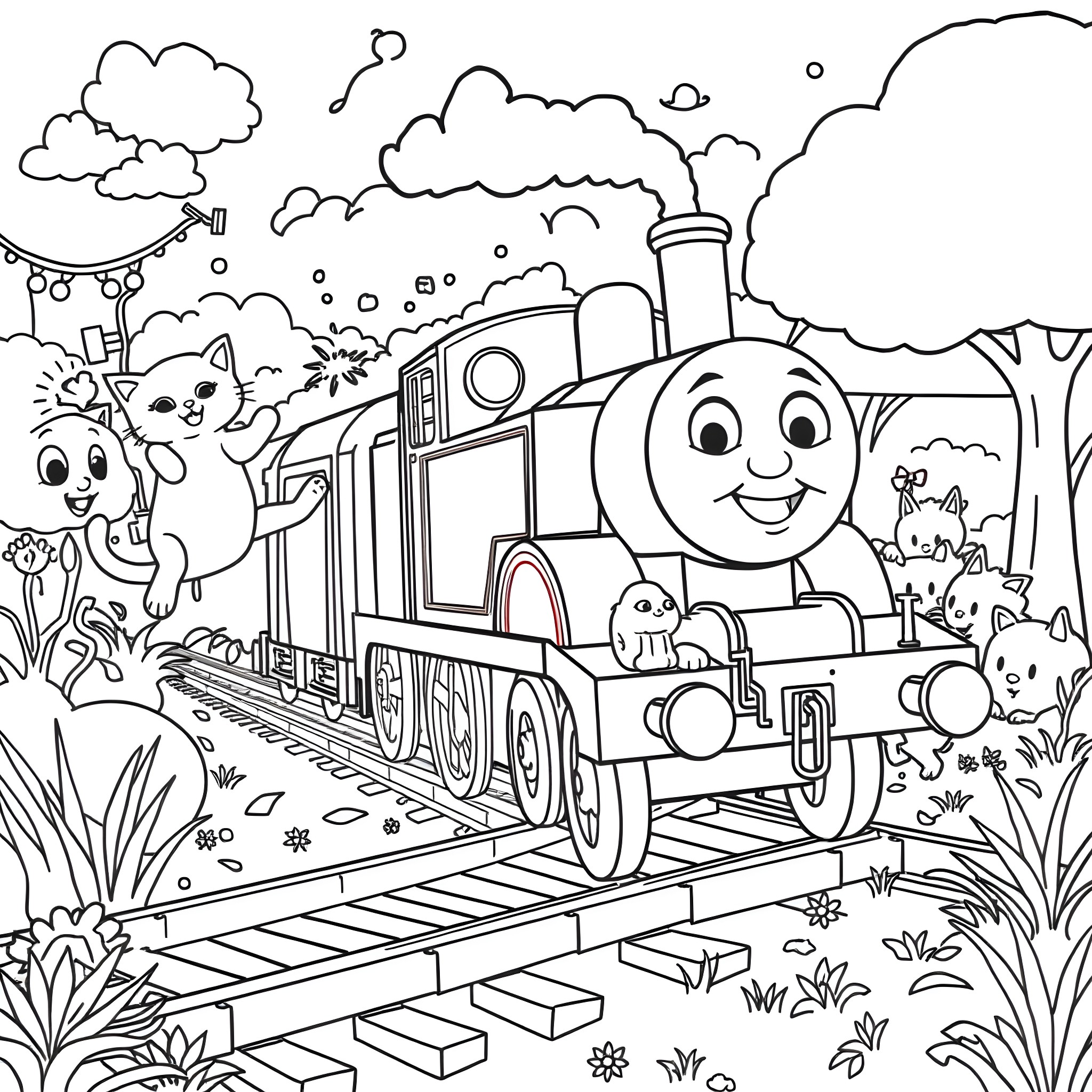 Thomas the Train's Cheerful Adventure in the Forest Coloring Page (free black-and-white line drawing printable PDF for all, from beginners to advanced learners, including children, teens, adults, and seniors)