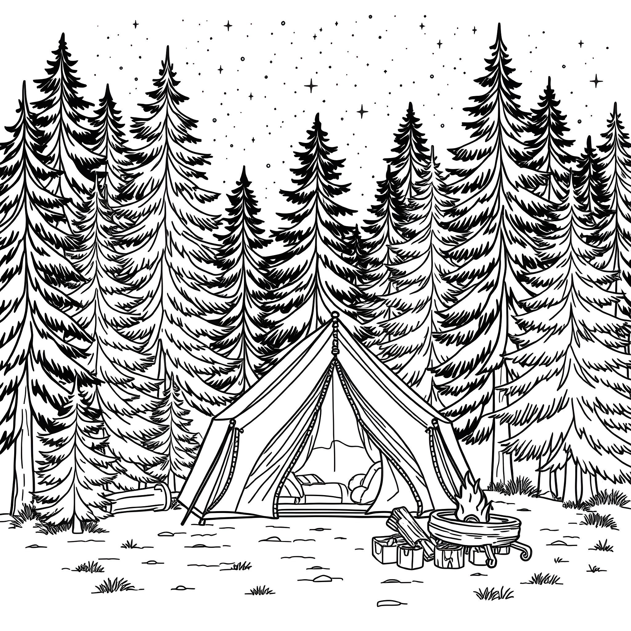 Tent set up in snowy forest with campfire Coloring Page (free black-and-white line drawing printable PDF for all, from beginners to advanced learners, including children, teens, adults, and seniors)
