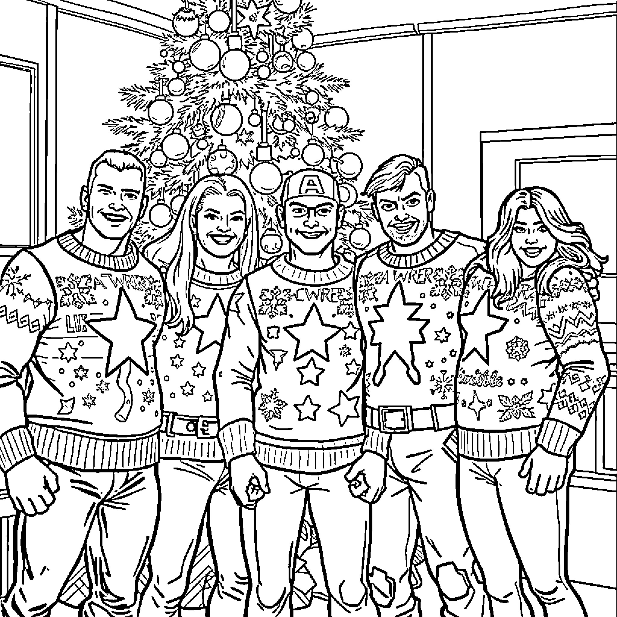 Avenger group in festive sweaters by Christmas tree Coloring Page (free black-and-white line drawing printable PDF for all, from beginners to advanced learners, including children, teens, adults, and seniors)