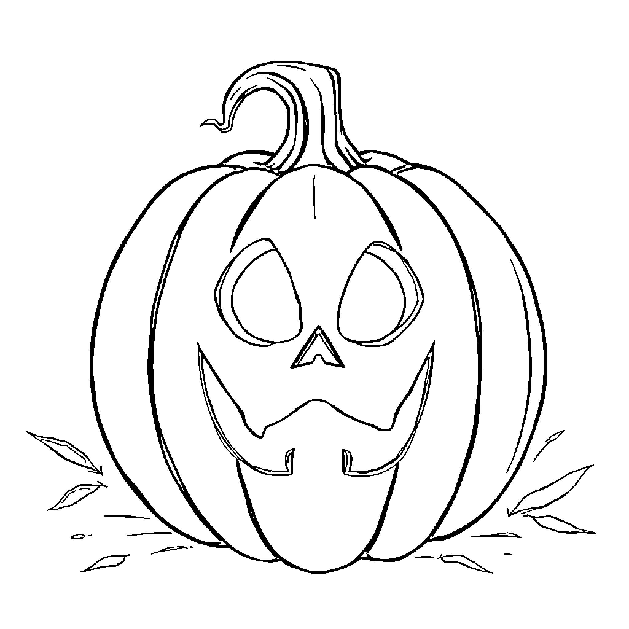 Pumpkin with carved face and leaves Coloring Page (free black-and-white line drawing printable PDF for all, from beginners to advanced learners, including children, teens, adults, and seniors)