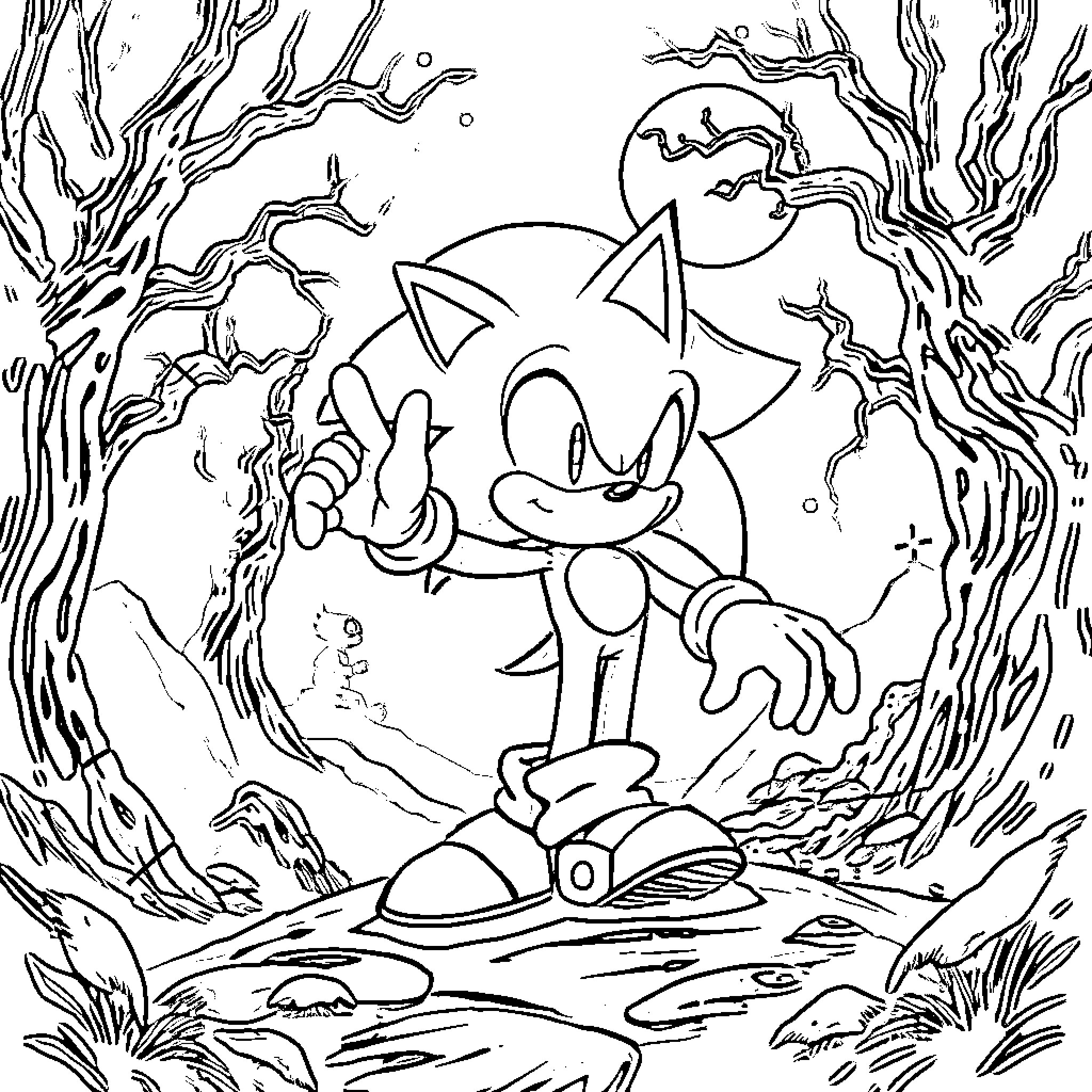 Sonic.exe in a Mysterious Forest Landscape Coloring Page (free black-and-white line drawing printable PDF for all, from beginners to advanced learners, including children, teens, adults, and seniors)