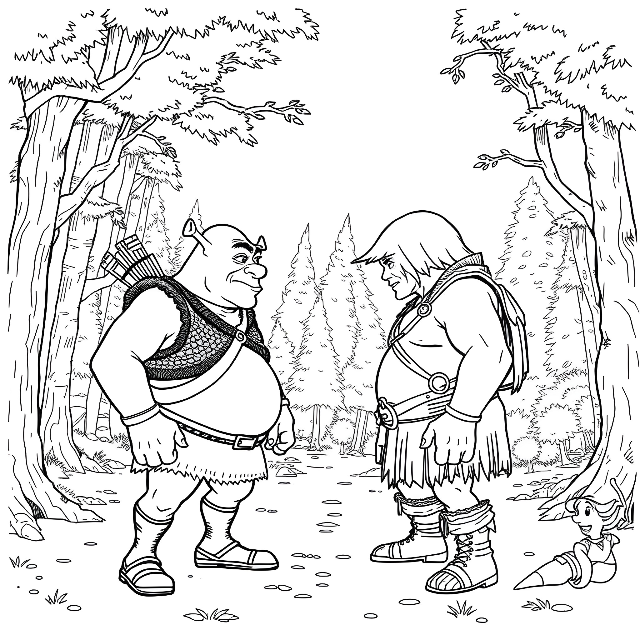 Shrek and Fiona in the enchanted forest Coloring Page (free black-and-white line drawing printable PDF for all, from beginners to advanced learners, including children, teens, adults, and seniors)
