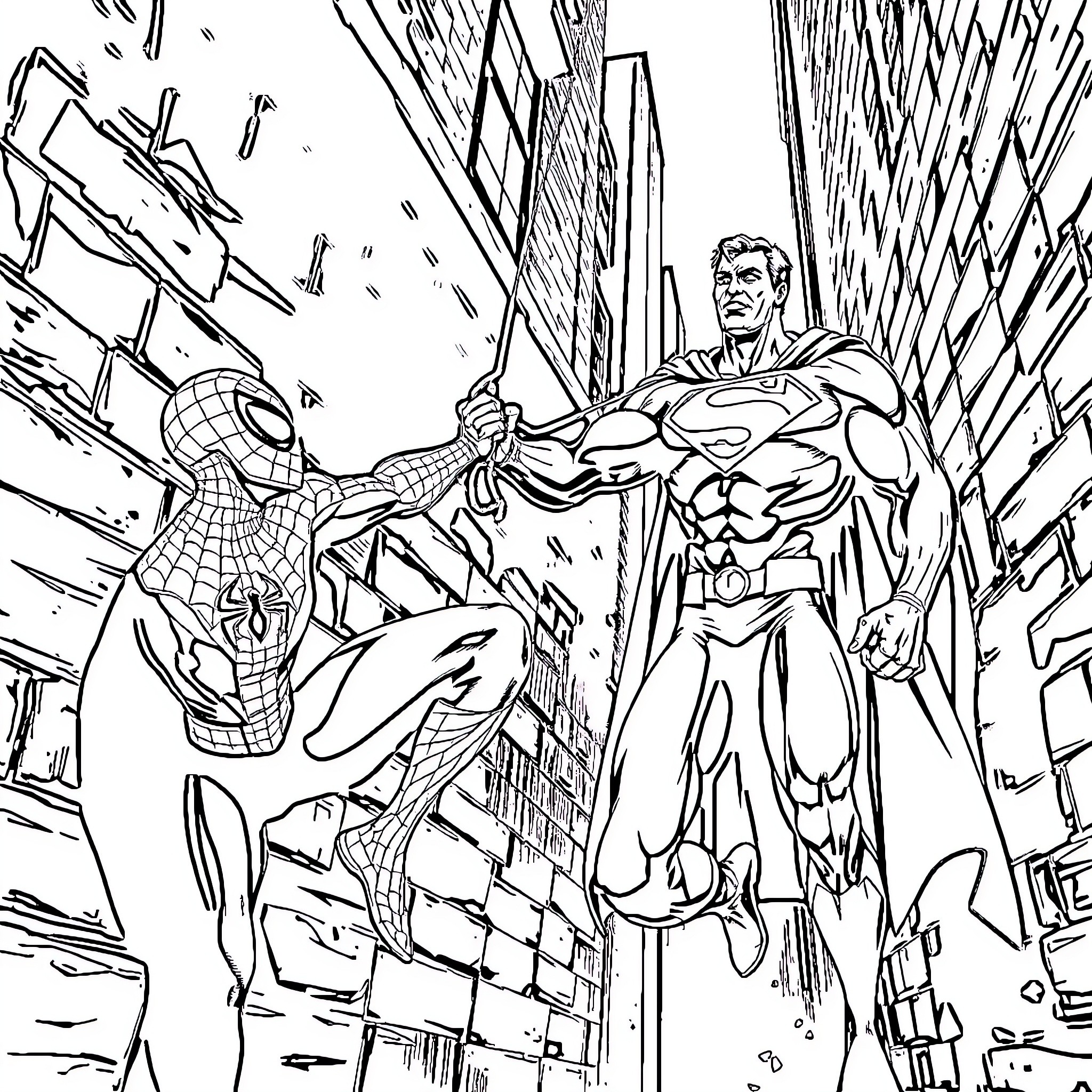 Spiderman and superhero battle in city scene Coloring Page (free black-and-white line drawing printable PDF for all, from beginners to advanced learners, including children, teens, adults, and seniors)