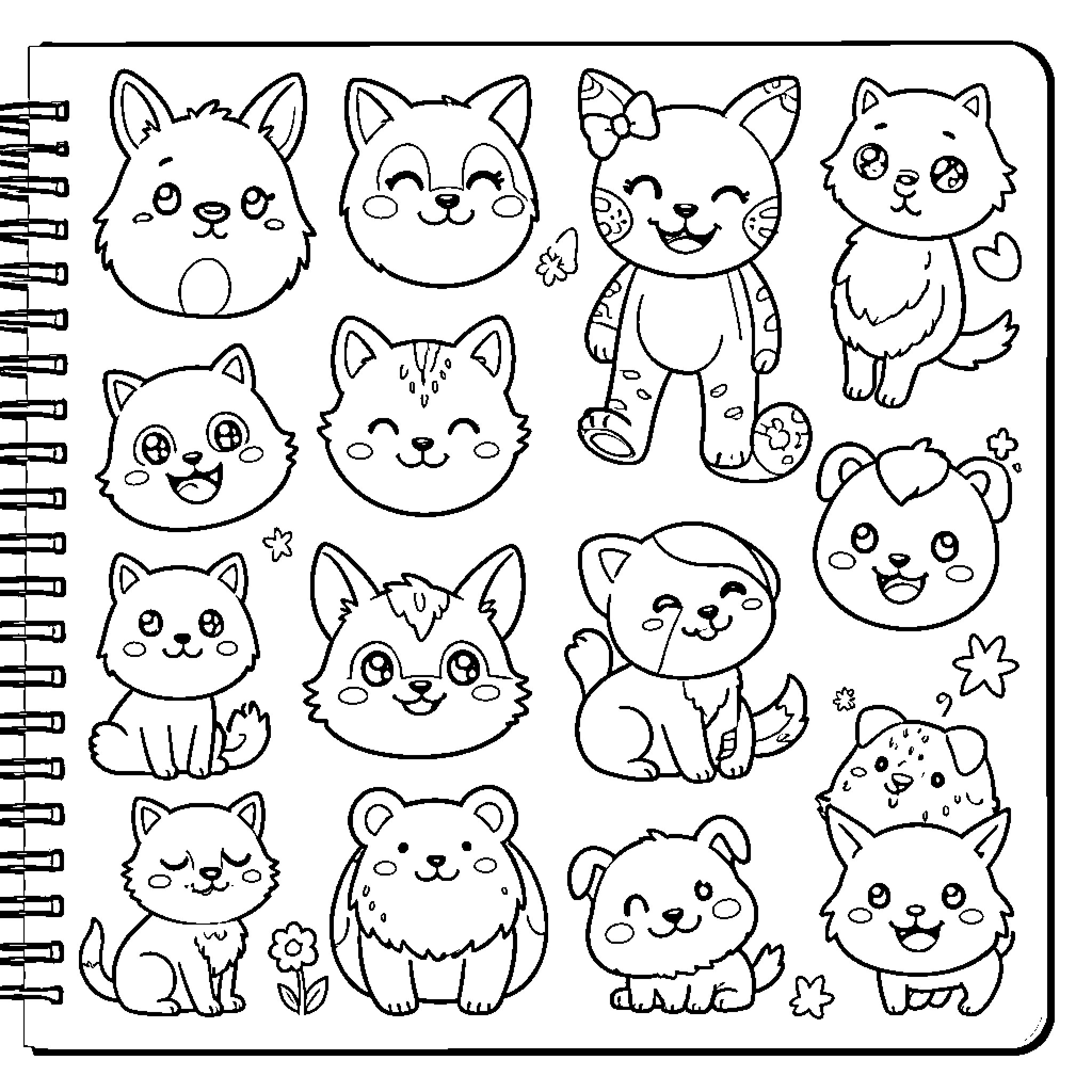 Doodle of various cute animal characters with happy expressions Coloring Page (free black-and-white line drawing printable PDF for all, from beginners to advanced learners, including children, teens, adults, and seniors)