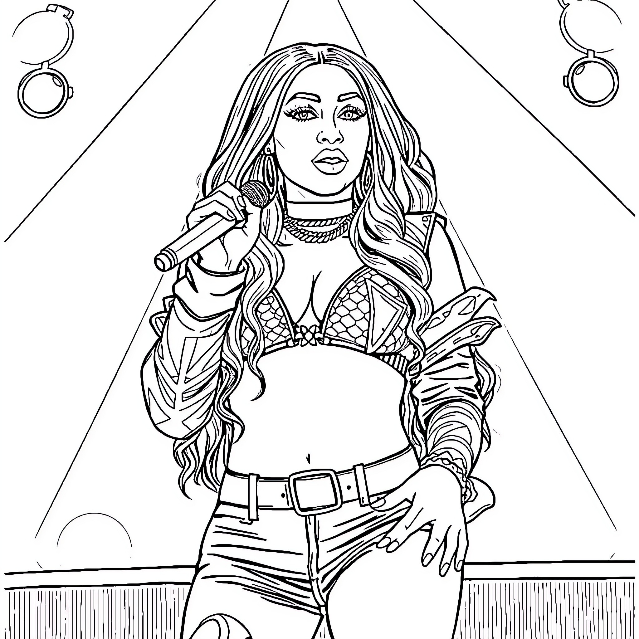 Nicki Minaj performing on stage with bold outfit and microphone Coloring Page (free black-and-white line drawing printable PDF for all, from beginners to advanced learners, including children, teens, adults, and seniors)