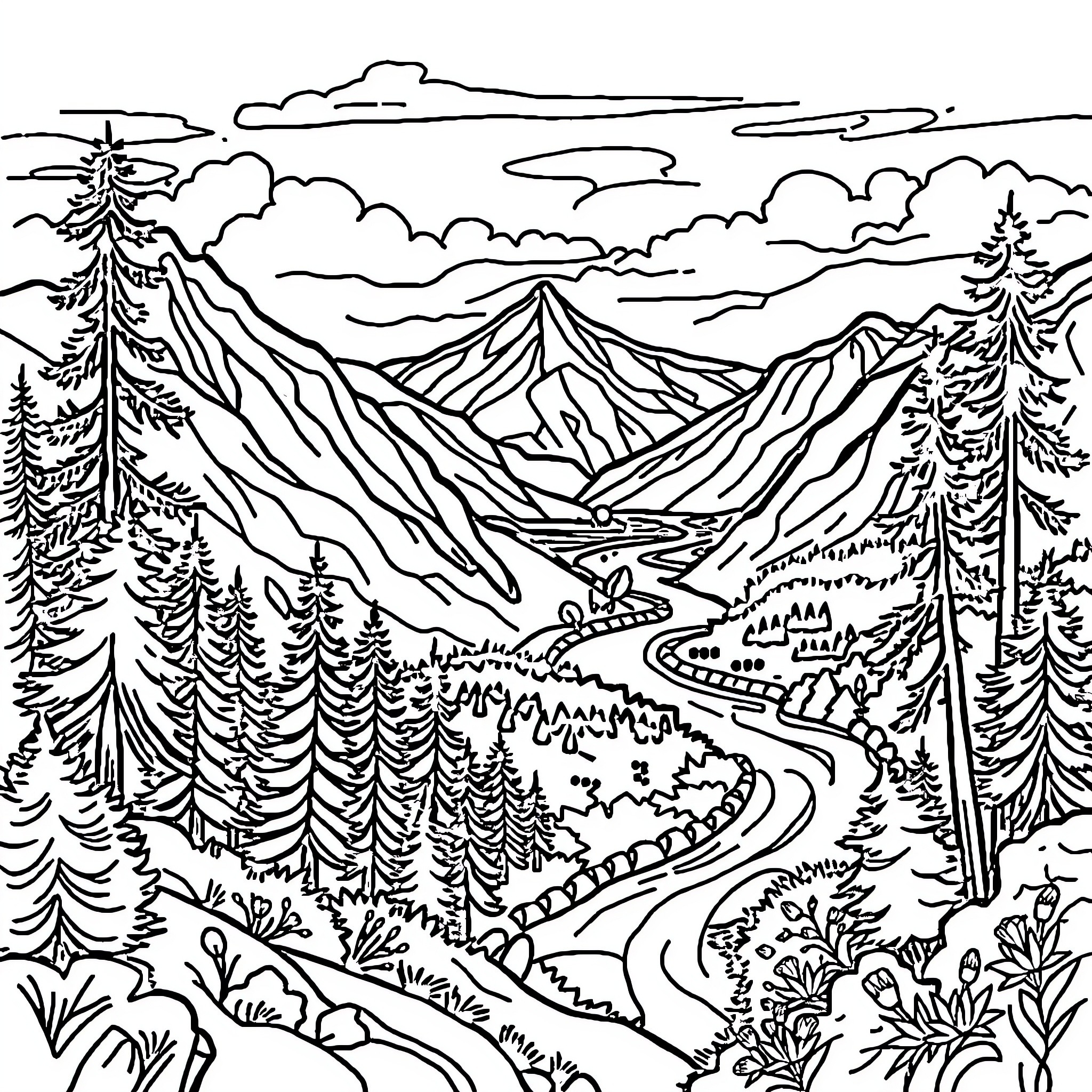 Nature's Winding Path Through Majestic Mountains Coloring Page (free black-and-white line drawing printable PDF for all, from beginners to advanced learners, including children, teens, adults, and seniors)