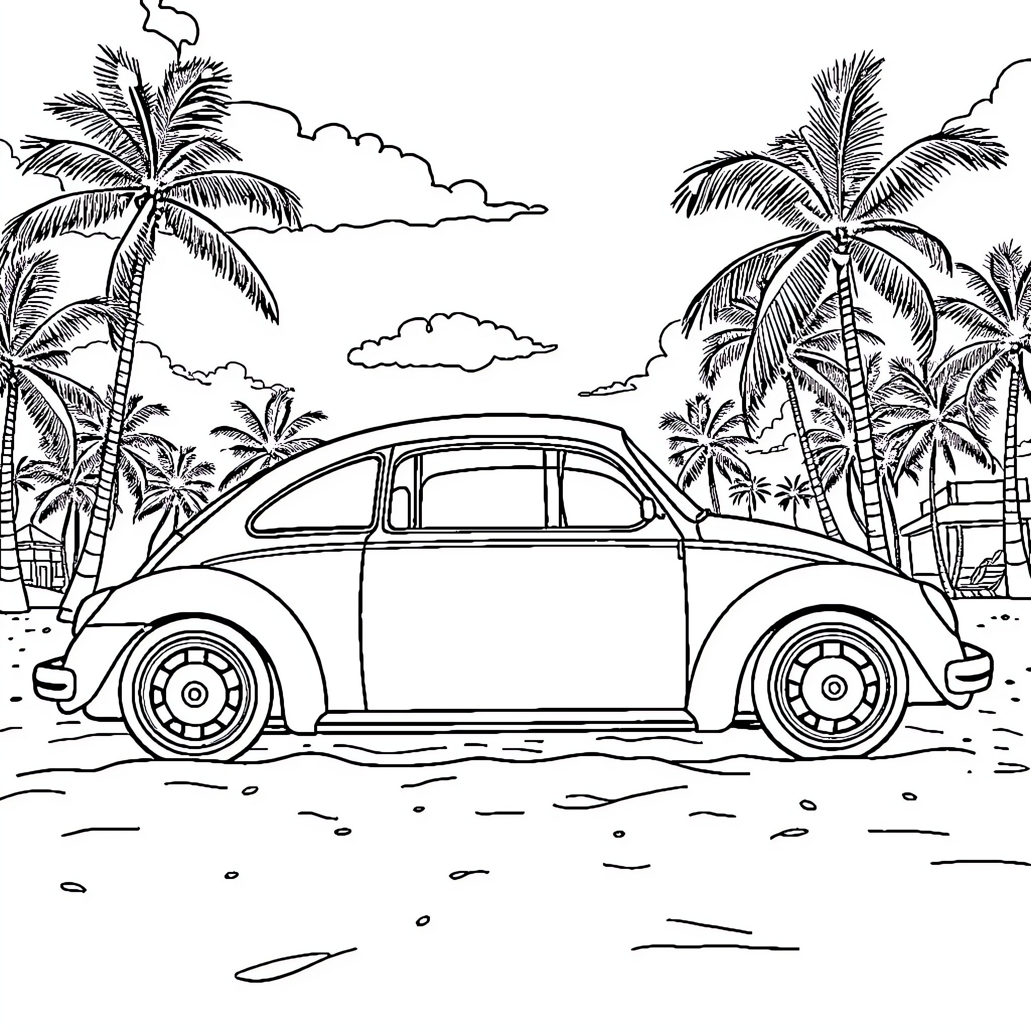 VW Beetle by the beach with palm trees Coloring Page (free black-and-white line drawing printable PDF for all, from beginners to advanced learners, including children, teens, adults, and seniors)