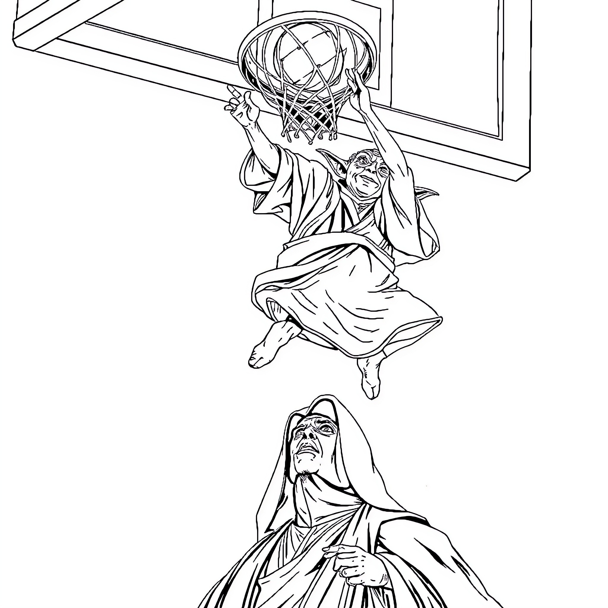 Yoda playing basketball with a hooded figure Coloring Page (free black-and-white line drawing printable PDF for all, from beginners to advanced learners, including children, teens, adults, and seniors)