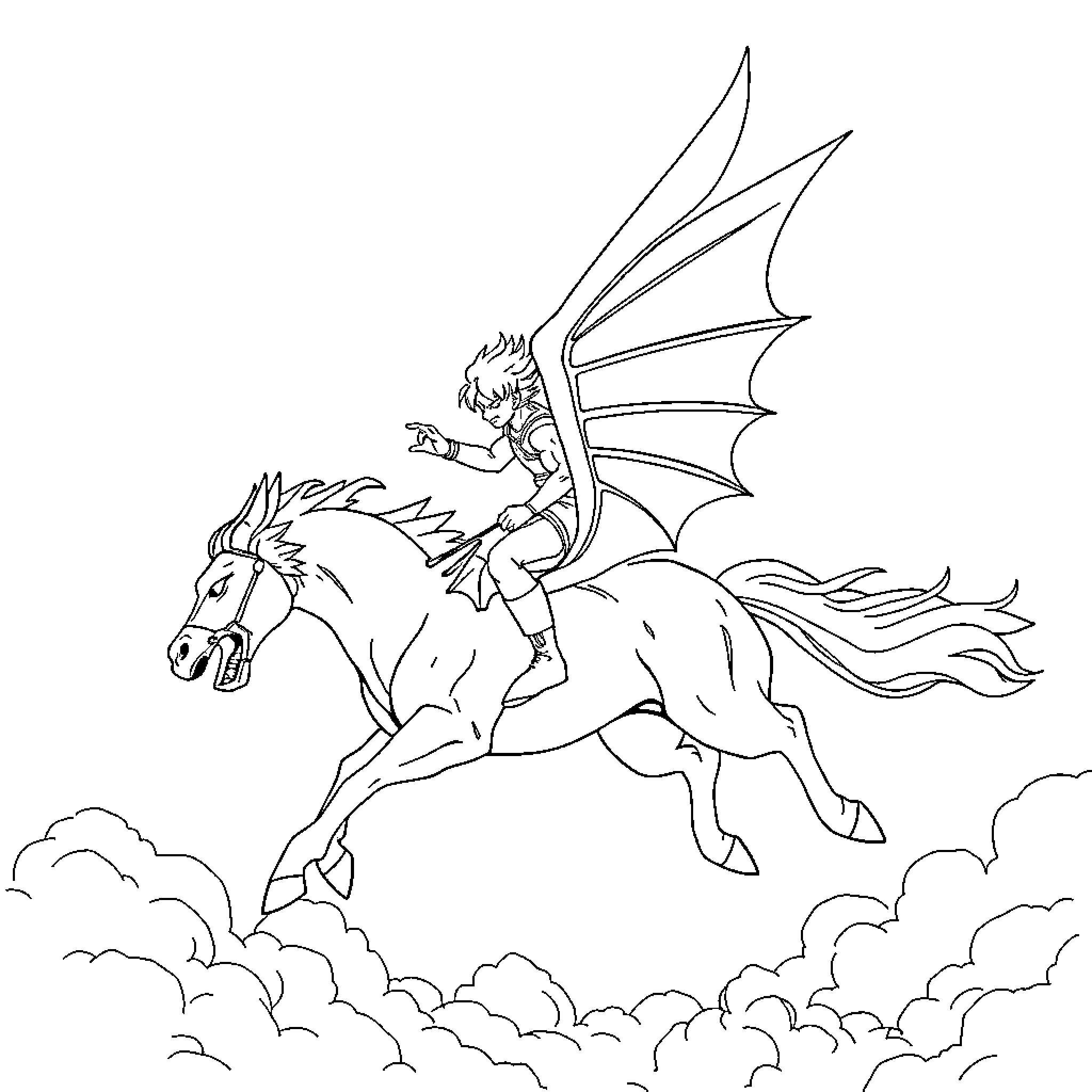 Trunks soaring on a winged horse through cloudy skies Coloring Page (free black-and-white line drawing printable PDF for all, from beginners to advanced learners, including children, teens, adults, and seniors)