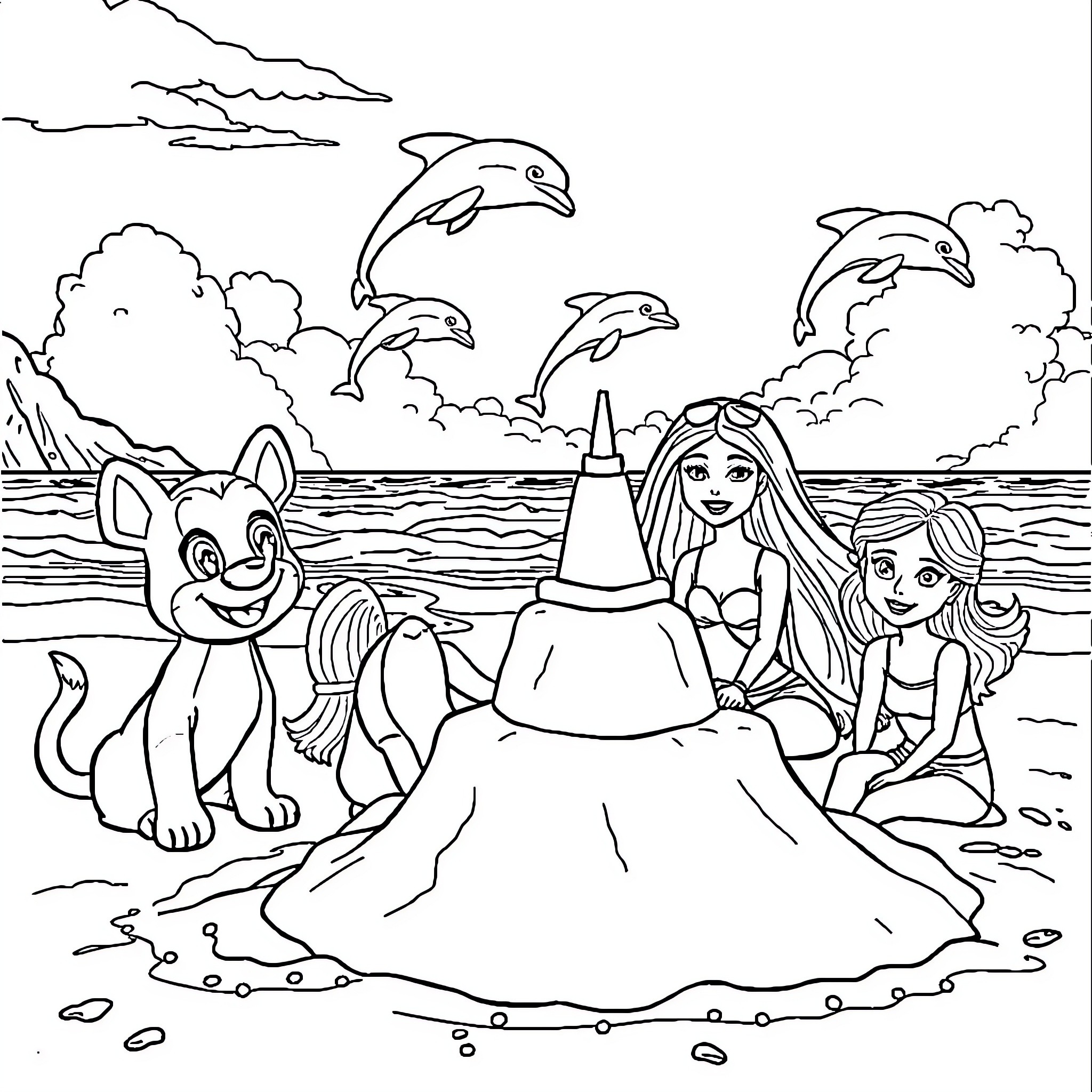 Bluey's Sunny Beach Adventure Coloring Page (free black-and-white line drawing printable PDF for all, from beginners to advanced learners, including children, teens, adults, and seniors)