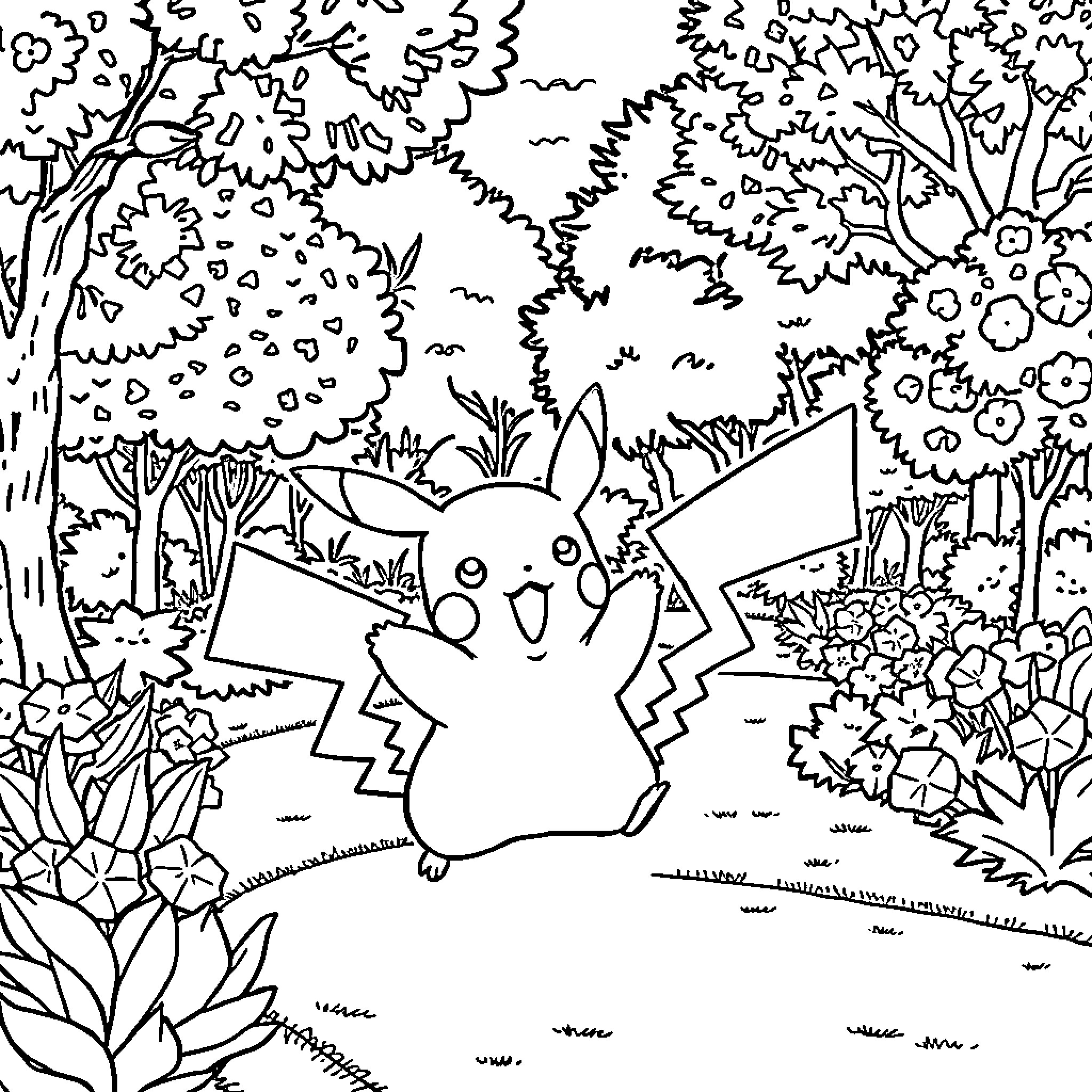 Pikachu exploring the vibrant forest landscape Coloring Page (free black-and-white line drawing printable PDF for all, from beginners to advanced learners, including children, teens, adults, and seniors)