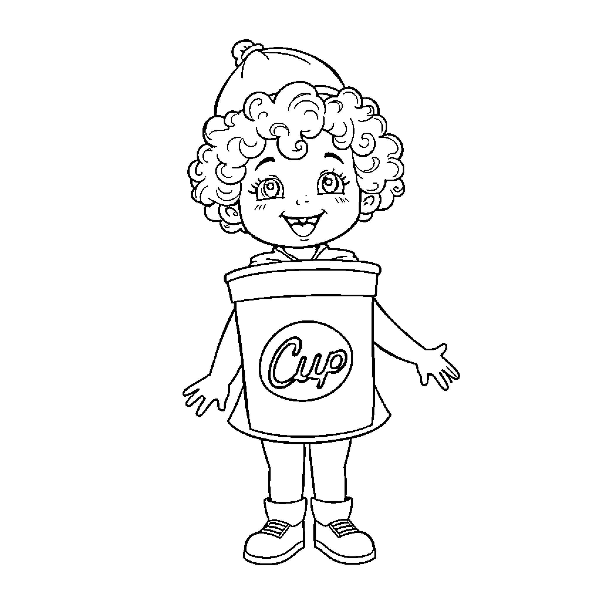 Curl the Happy Cup Kid Coloring Page (free black-and-white line drawing printable PDF for all, from beginners to advanced learners, including children, teens, adults, and seniors)