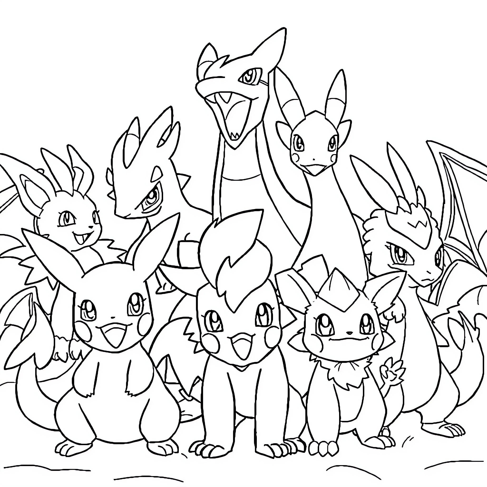 Pokémon characters gathered together in an illustration Coloring Page (free black-and-white line drawing printable PDF for all, from beginners to advanced learners, including children, teens, adults, and seniors)