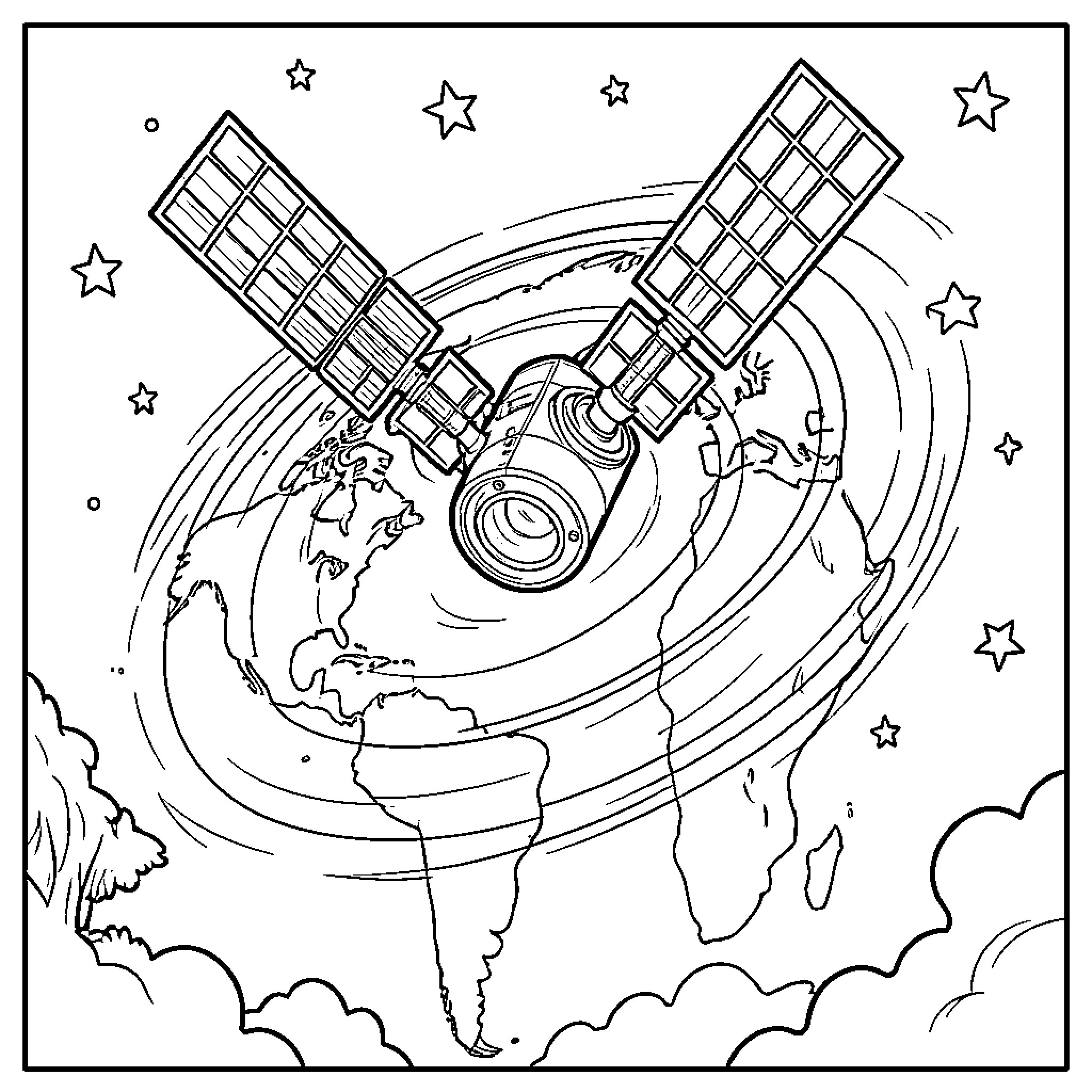 Satellite Orbiting the Globe with Stars Coloring Page (free black-and-white line drawing printable PDF for all, from beginners to advanced learners, including children, teens, adults, and seniors)