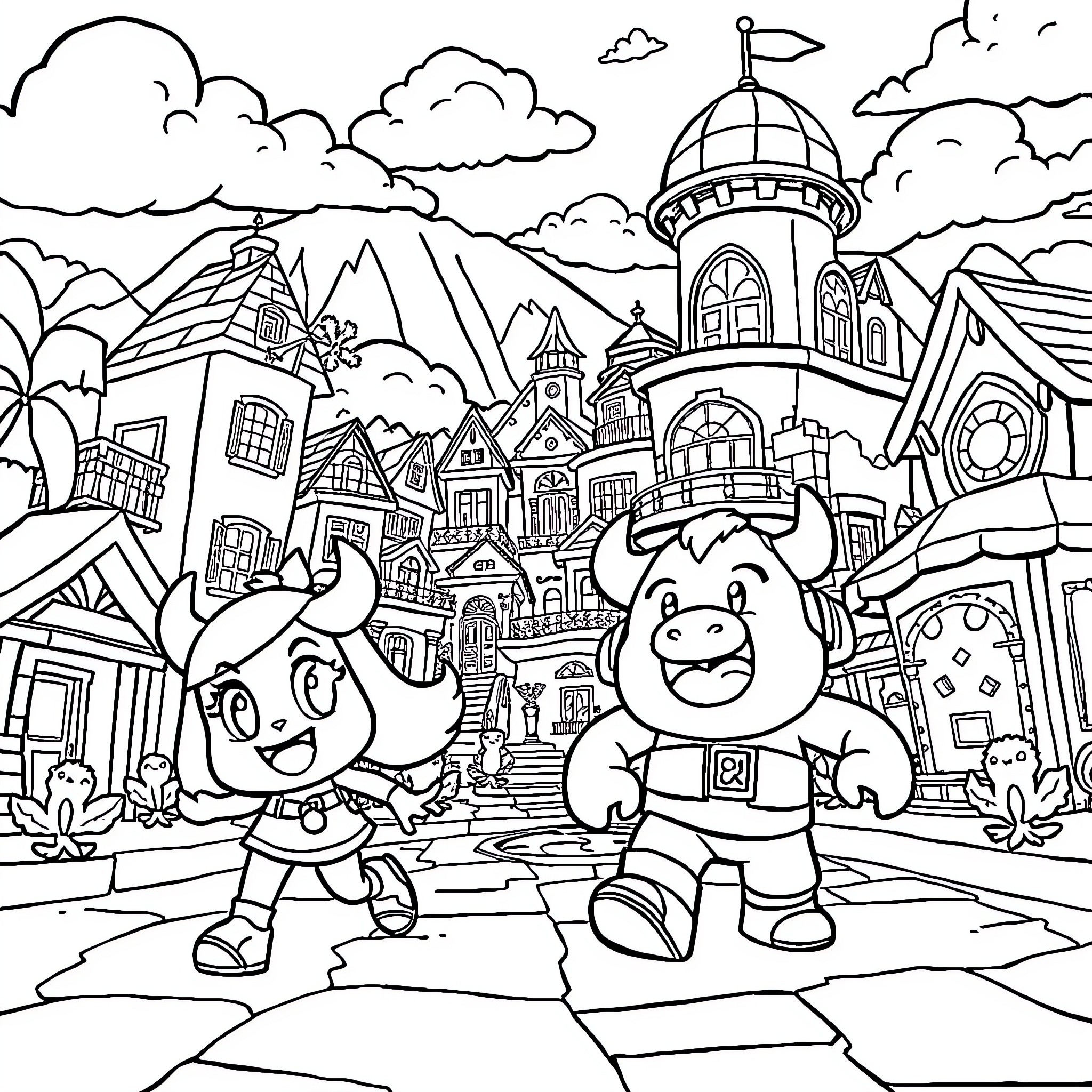 Brawl Stars characters in a whimsical town Coloring Page (free black-and-white line drawing printable PDF for all, from beginners to advanced learners, including children, teens, adults, and seniors)