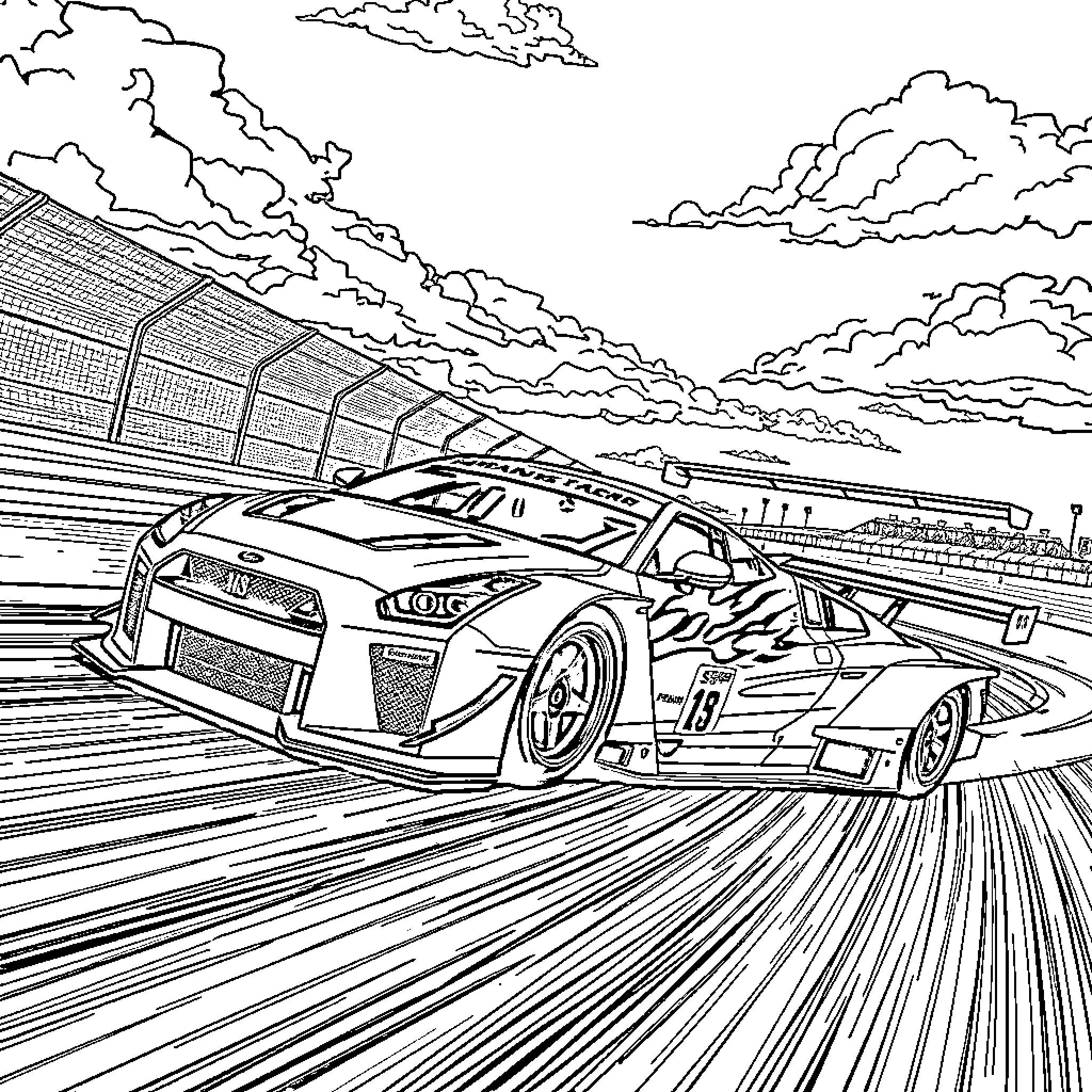 Gtr racing car speeding on track with clouds Coloring Page (free black-and-white line drawing printable PDF for all, from beginners to advanced learners, including children, teens, adults, and seniors)