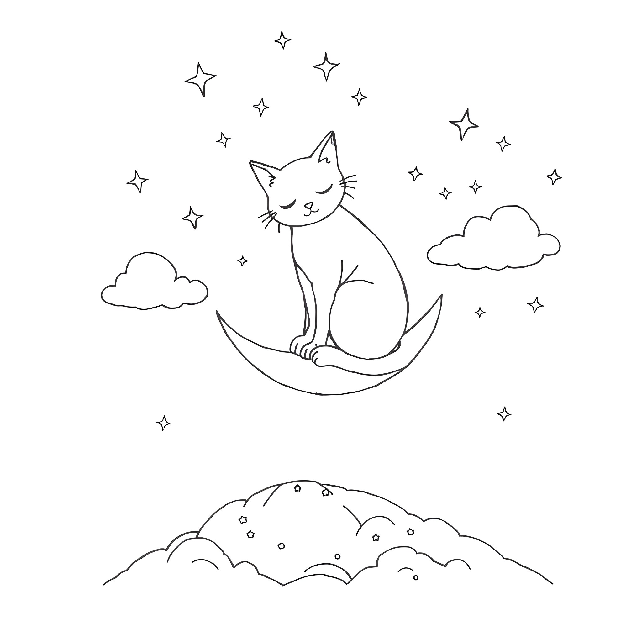 Cat sitting on crescent moon with stars Coloring Page (free black-and-white line drawing printable PDF for all, from beginners to advanced learners, including children, teens, adults, and seniors)