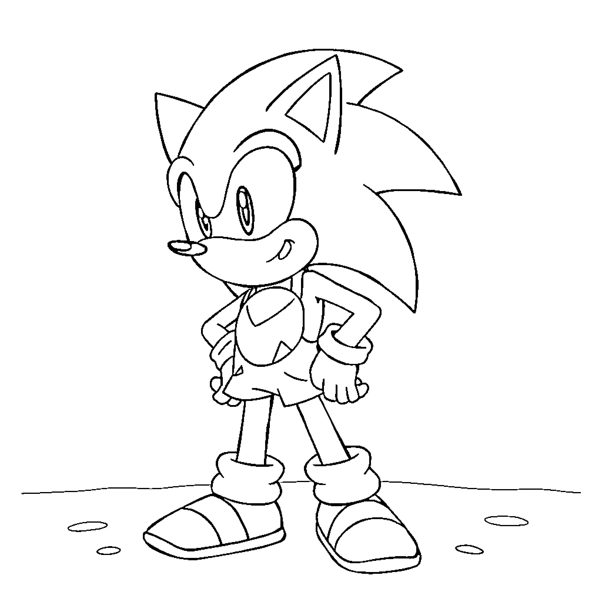 Sonic in a confident stance Coloring Page (free black-and-white line drawing printable PDF for all, from beginners to advanced learners, including children, teens, adults, and seniors)