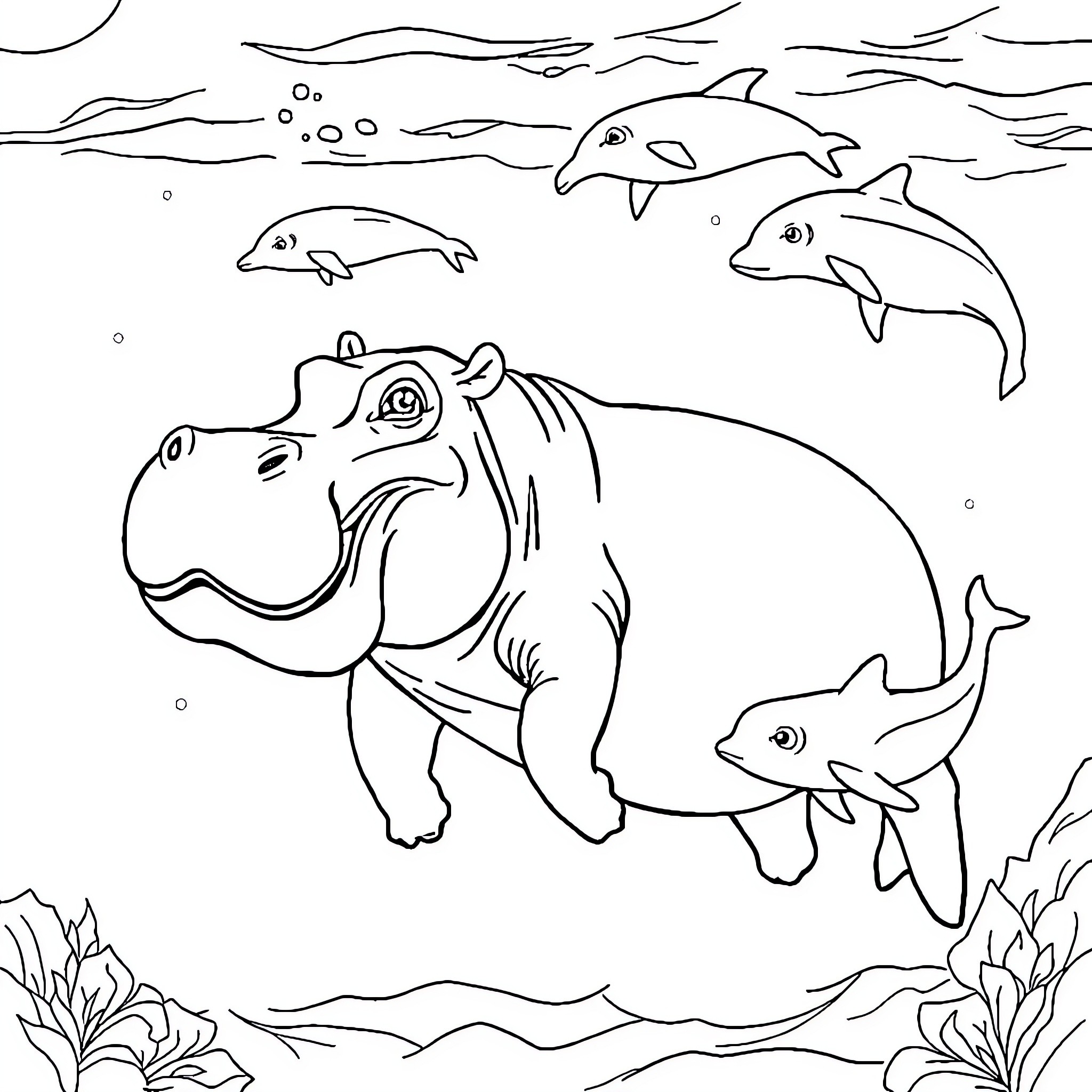 Hippo and dolphins swimming in the ocean Coloring Page (free black-and-white line drawing printable PDF for all, from beginners to advanced learners, including children, teens, adults, and seniors)