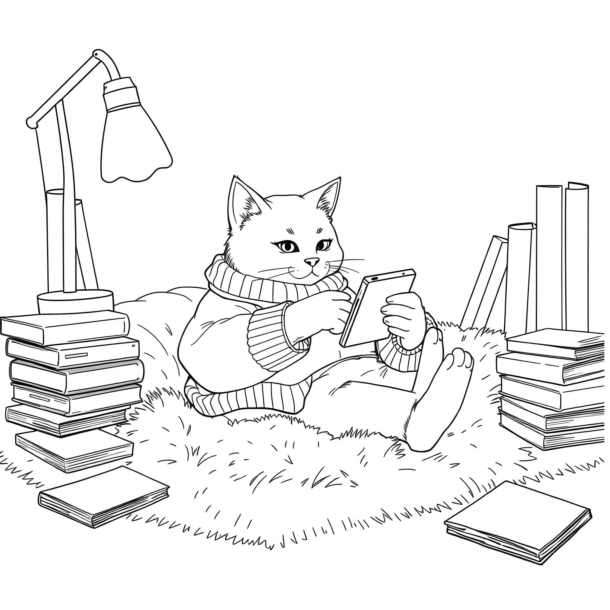 Cat Reading Books in Cozy Home Library Coloring Page (free black-and-white line drawing printable PDF for all, from beginners to advanced learners, including children, teens, adults, and seniors)