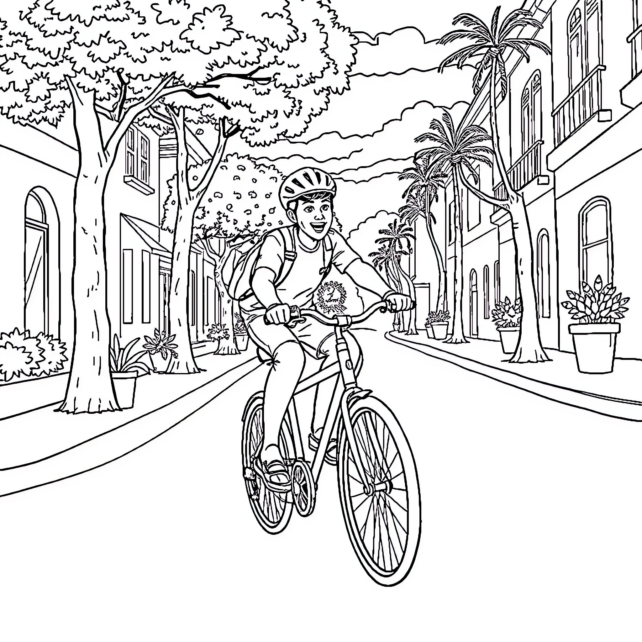 Mbappe cycling through a tropical city street Coloring Page (free black-and-white line drawing printable PDF for all, from beginners to advanced learners, including children, teens, adults, and seniors)