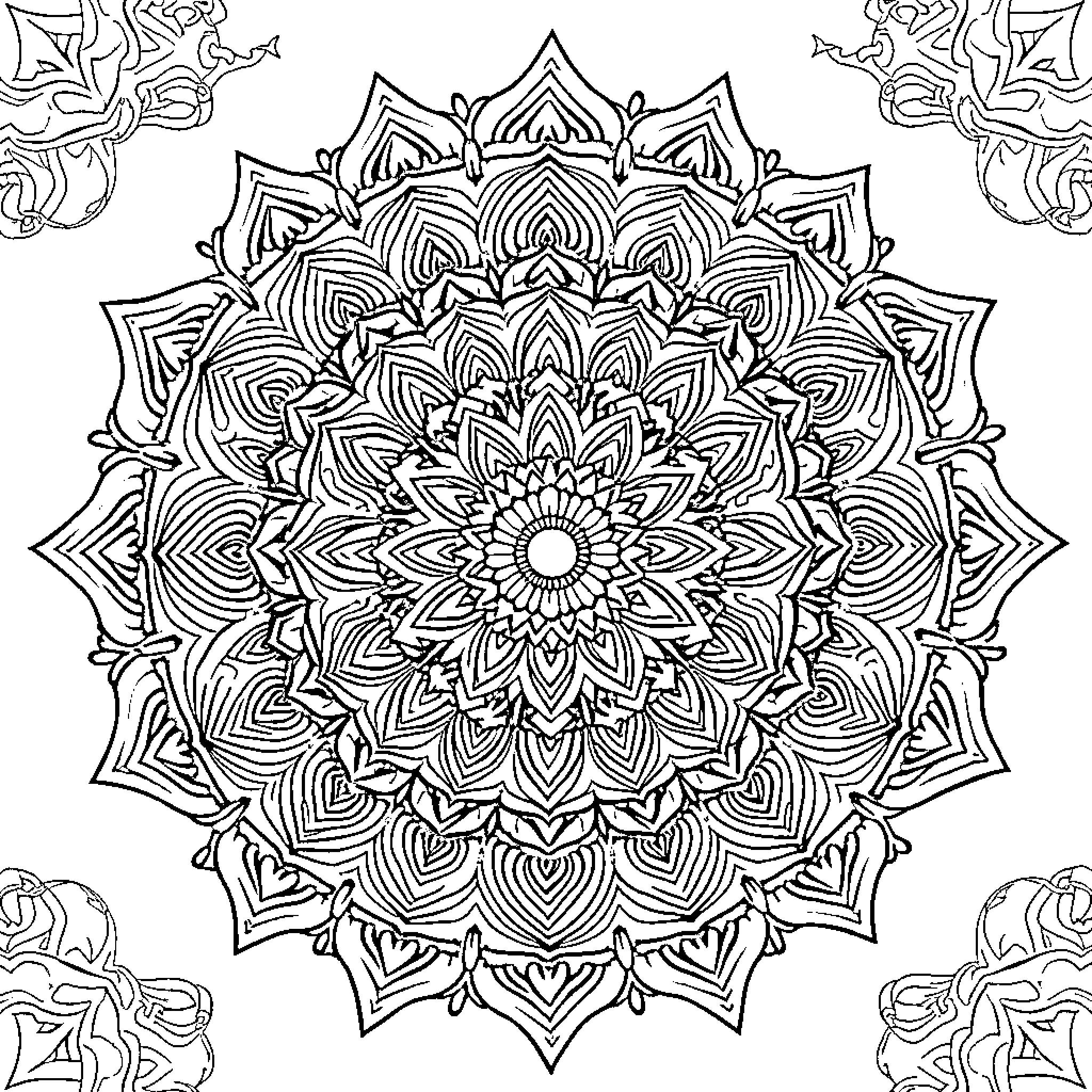 Mandalas of intricate floral designs Coloring Page (free black-and-white line drawing printable PDF for all, from beginners to advanced learners, including children, teens, adults, and seniors)