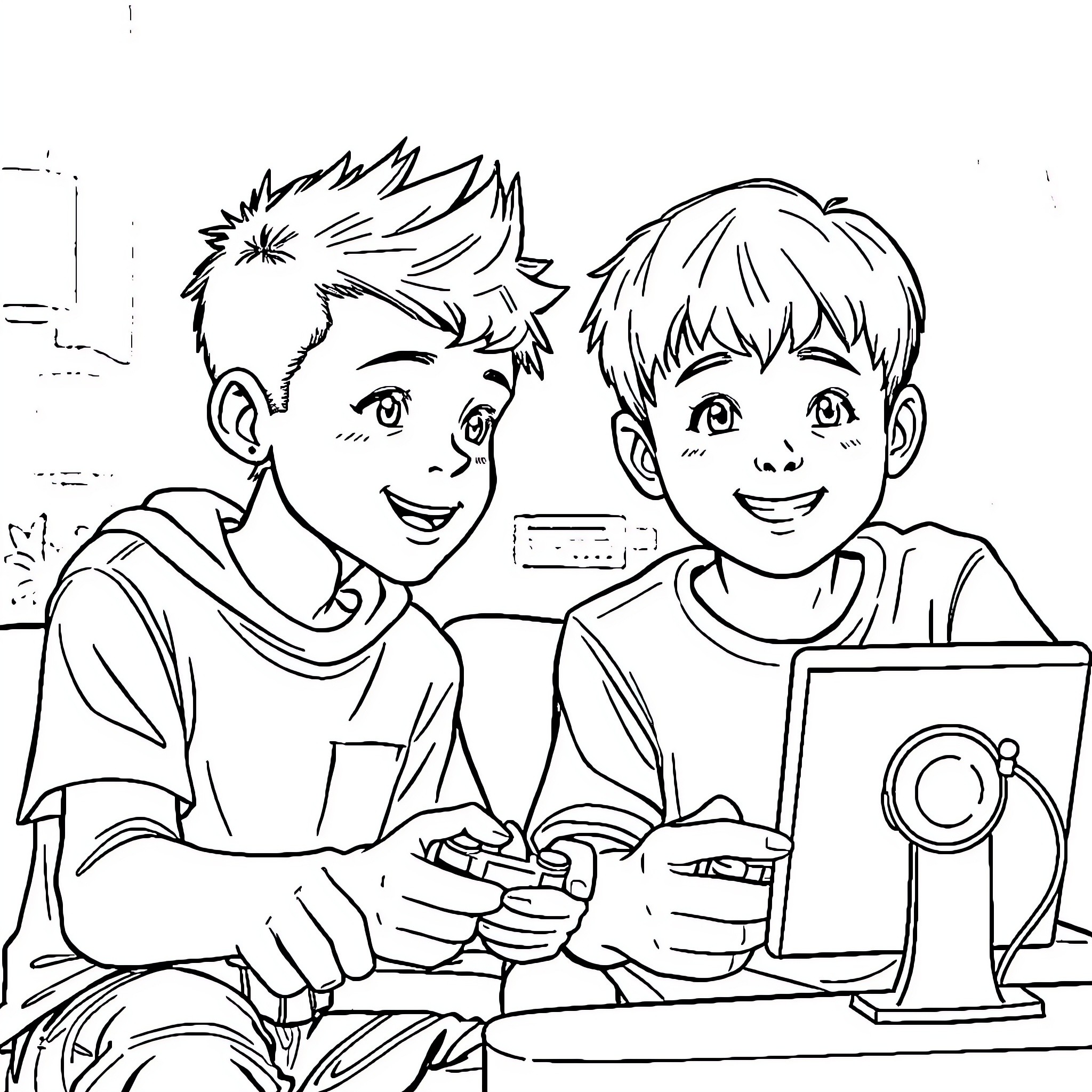 Boy friends playing video games together Coloring Page (free black-and-white line drawing printable PDF for all, from beginners to advanced learners, including children, teens, adults, and seniors)