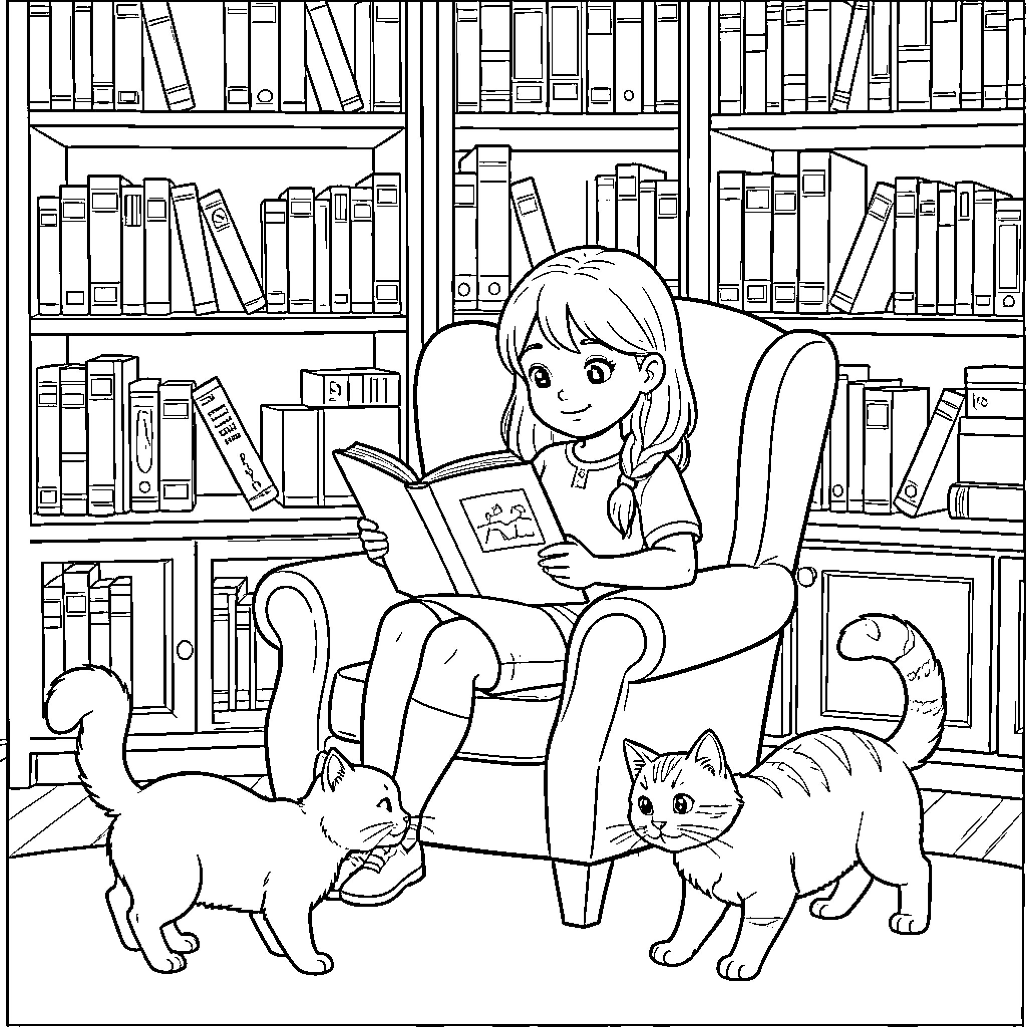 Chica reading a book with cats in the library Coloring Page (free black-and-white line drawing printable PDF for all, from beginners to advanced learners, including children, teens, adults, and seniors)