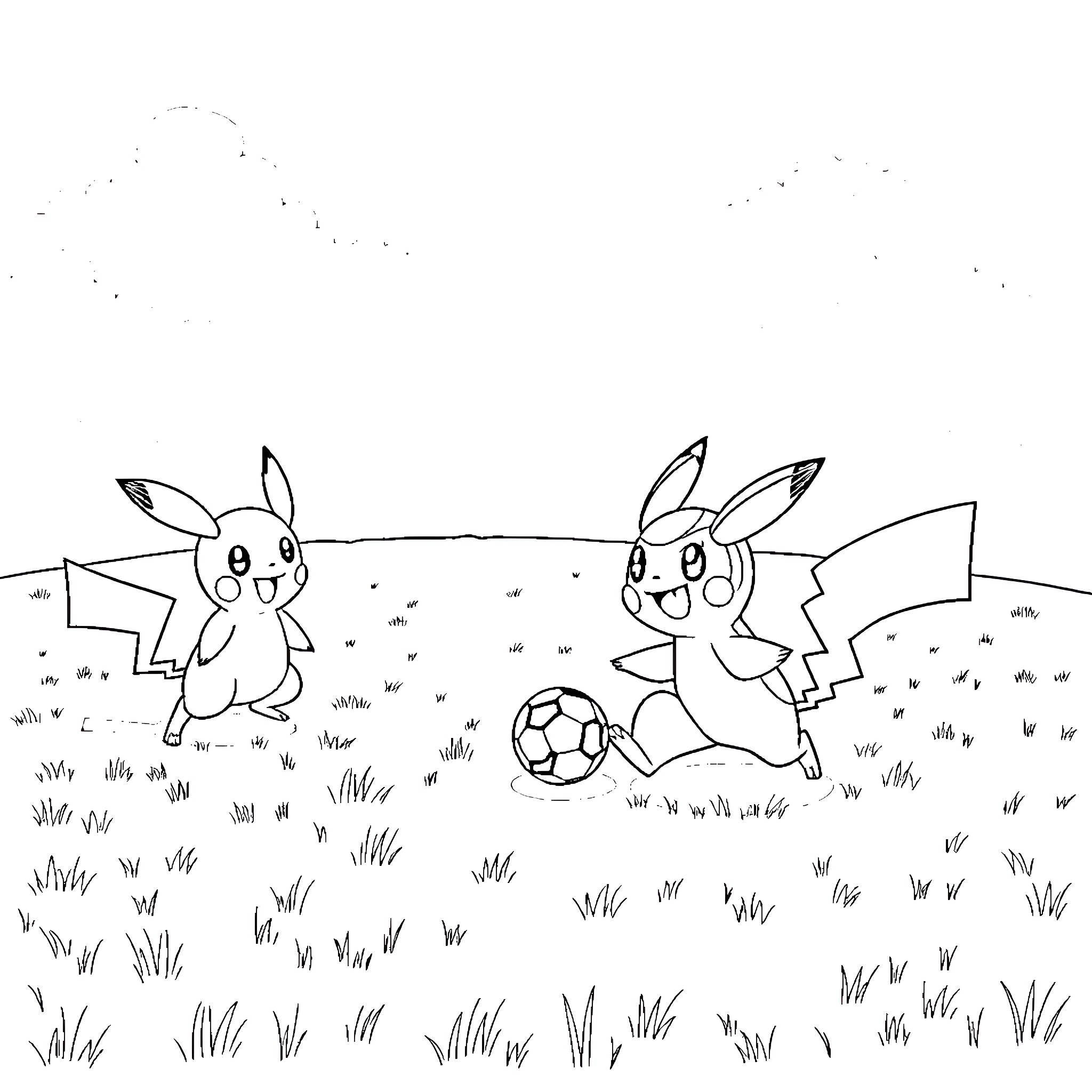 Pokémon characters playing soccer in a grassy field Coloring Page (free black-and-white line drawing printable PDF for all, from beginners to advanced learners, including children, teens, adults, and seniors)