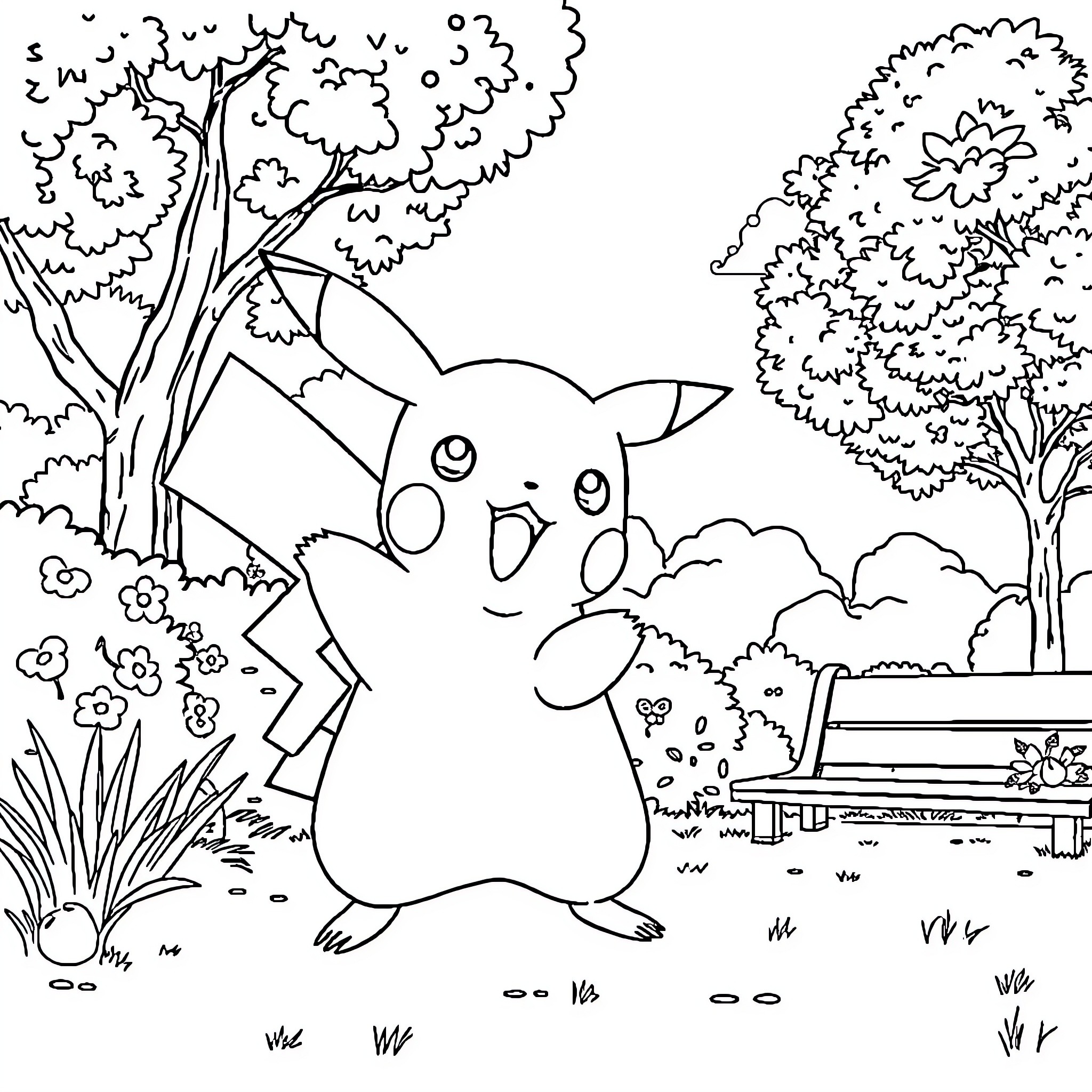 Pikachu enjoying nature in a peaceful landscape Coloring Page (free black-and-white line drawing printable PDF for all, from beginners to advanced learners, including children, teens, adults, and seniors)