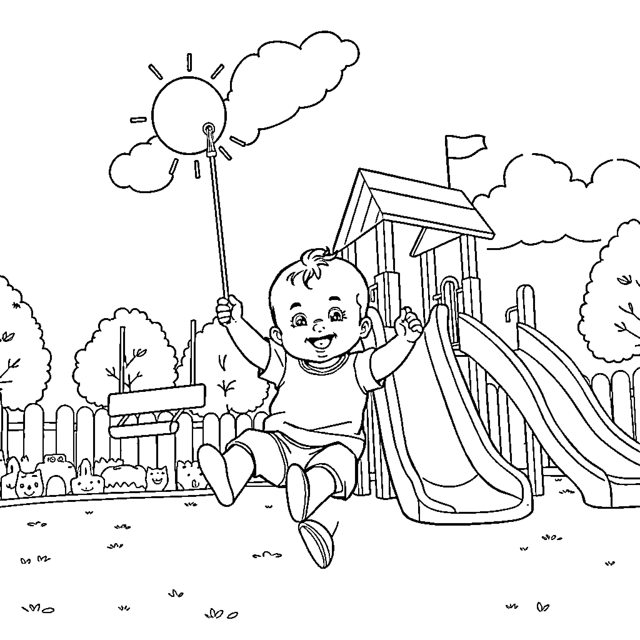 Baby playing happily on the playground equipment Coloring Page (free black-and-white line drawing printable PDF for all, from beginners to advanced learners, including children, teens, adults, and seniors)