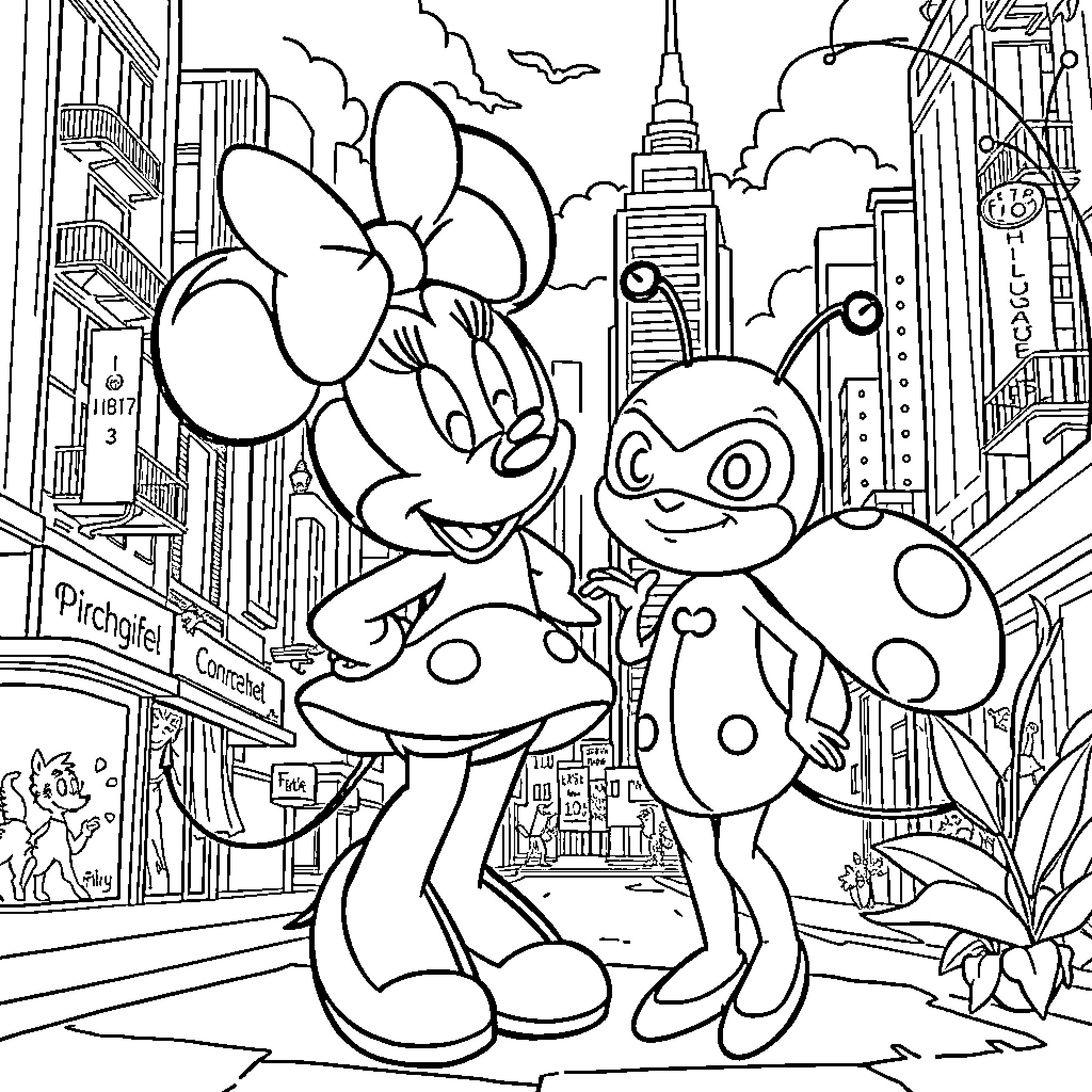 Minnie and Her Magical Friend on a City Adventure Coloring Page (free black-and-white line drawing printable PDF for all, from beginners to advanced learners, including children, teens, adults, and seniors)